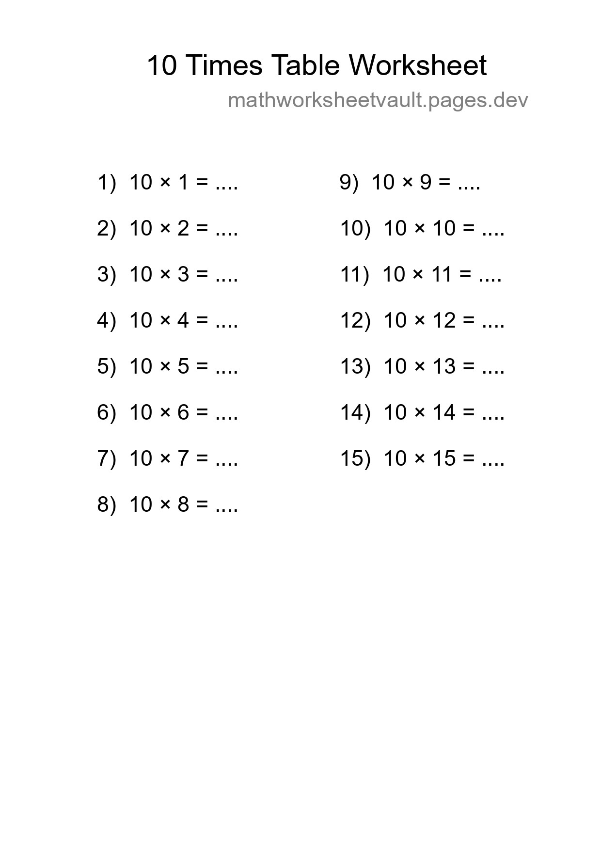 10 Times Table Worksheet For Grade 3 - Part 189