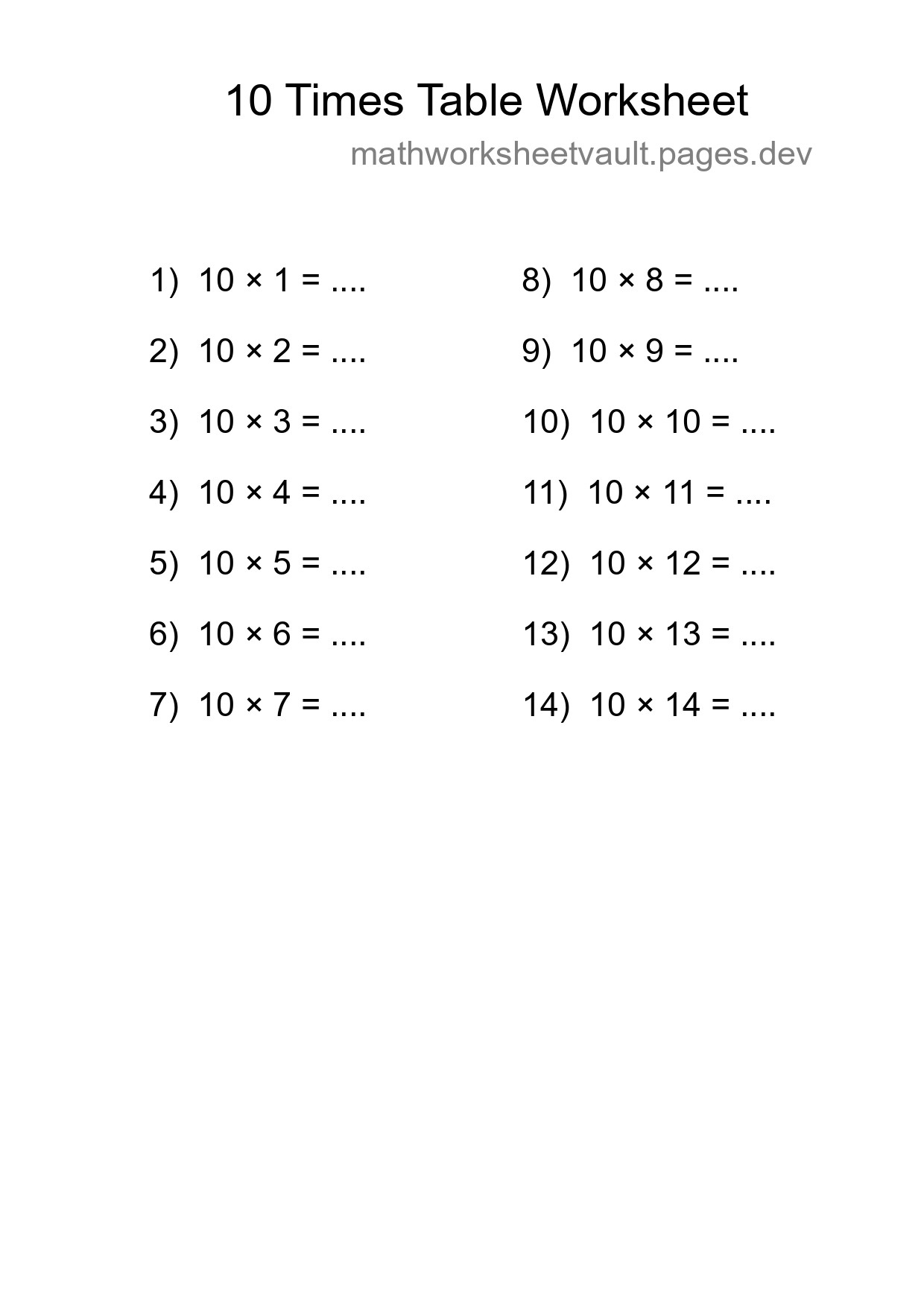 10 Times Table Worksheet For Grade 3 With Answers - Part 49