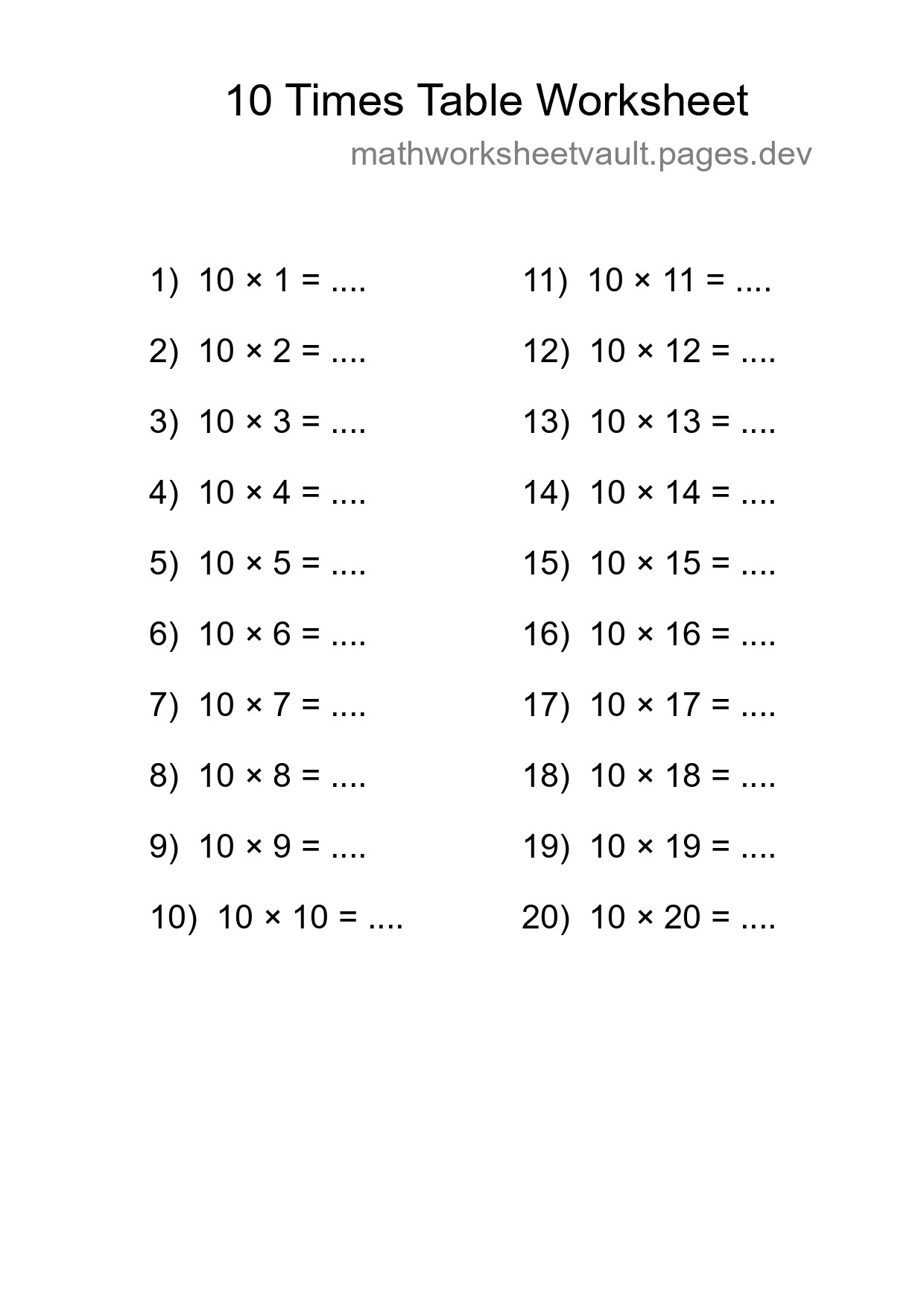 10 Times Table Worksheet For Grade 3 With Answers - Part 69