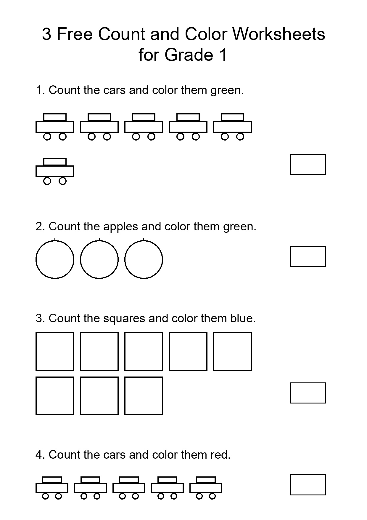 3 Free Count and Color Worksheets for Grade 1