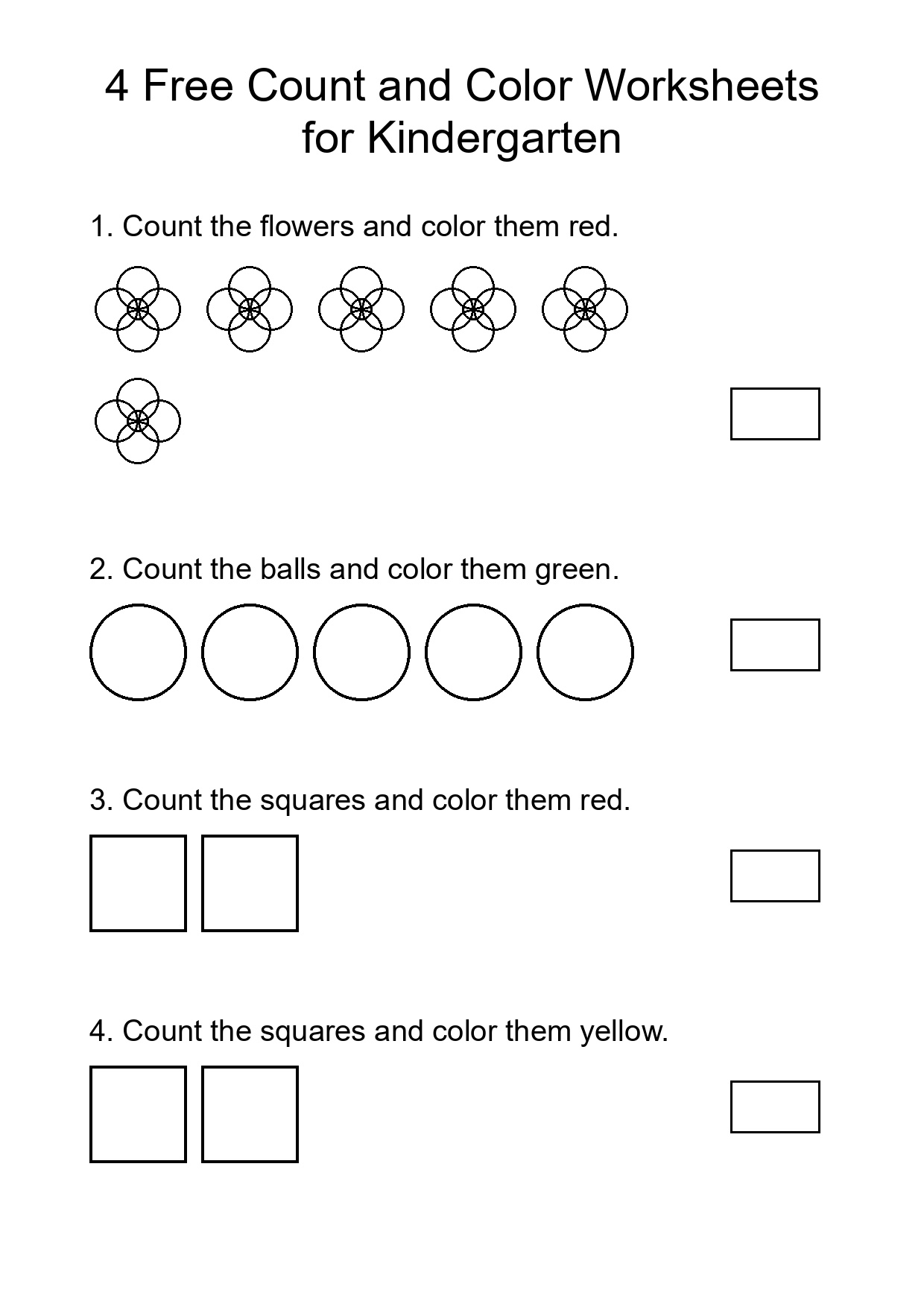 4 Free Count and Color Worksheets for Kindergarten