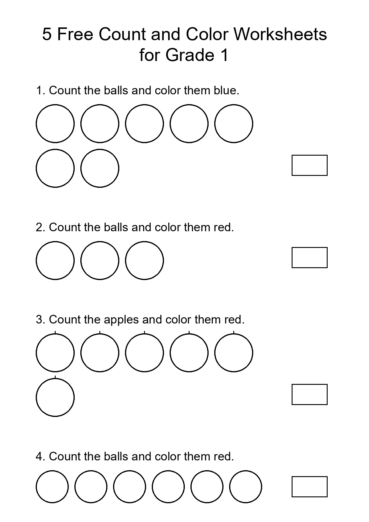 5 Free Count and Color Worksheets for Grade 1