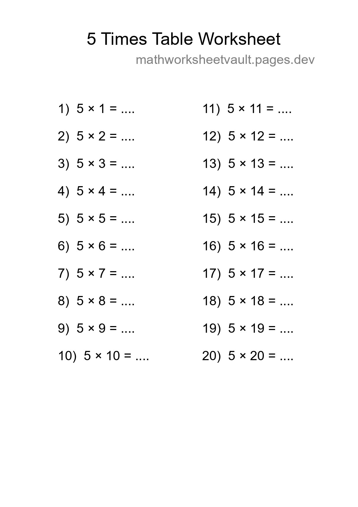 5 Times Table Worksheet For Grade 2 With Answers - Part 229
