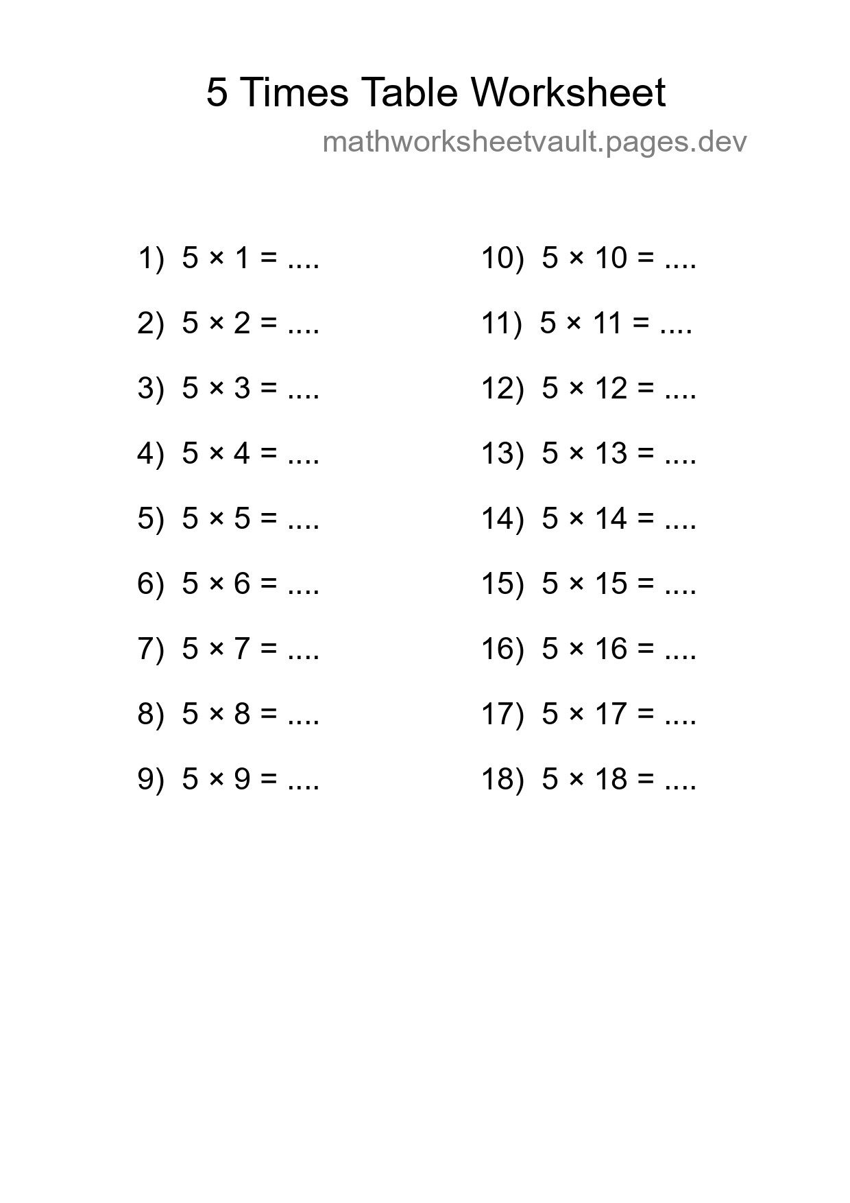 5 Times Table Worksheet For Grade 2 With Answers - Part 269