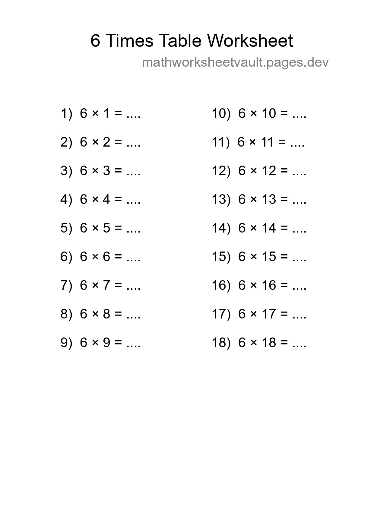 6 Times Table Worksheet For Grade 3 With Answers - Part 89