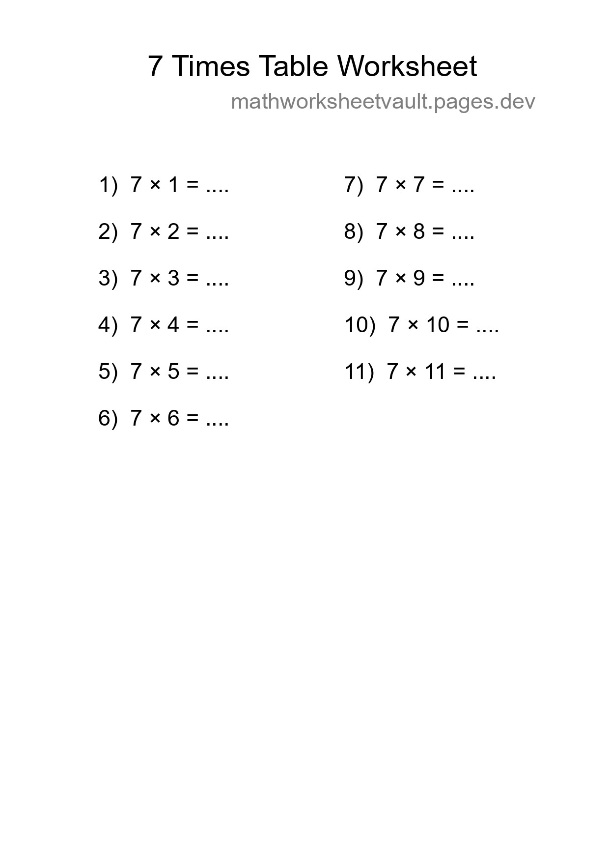 7 Times Table Worksheet For Grade 3 With Answers - Part 159