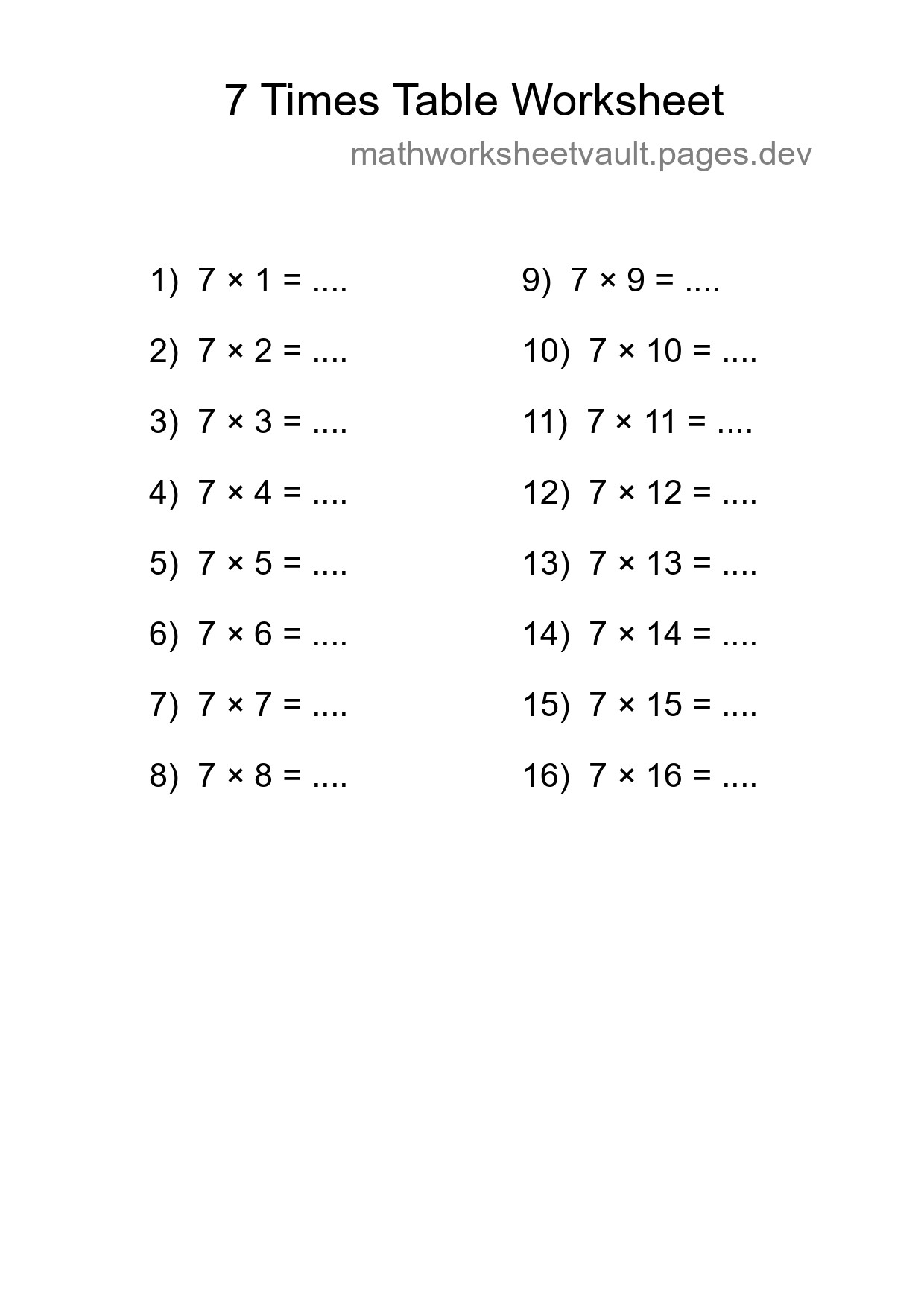 7 Times Table Worksheet For Grade 3 With Answers - Part 259