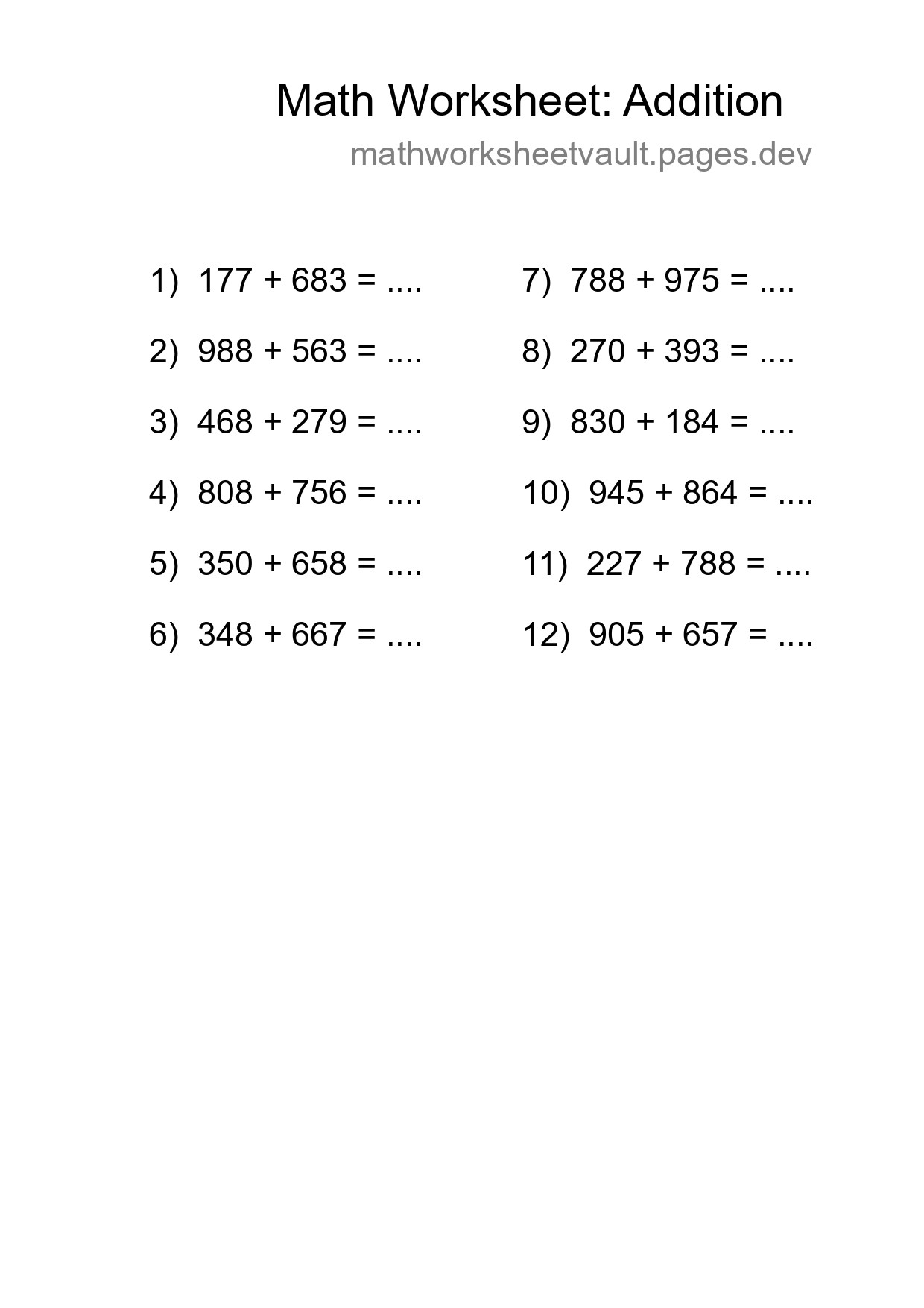 Free 12 Addition Math Worksheet For Grade 5 With Answers