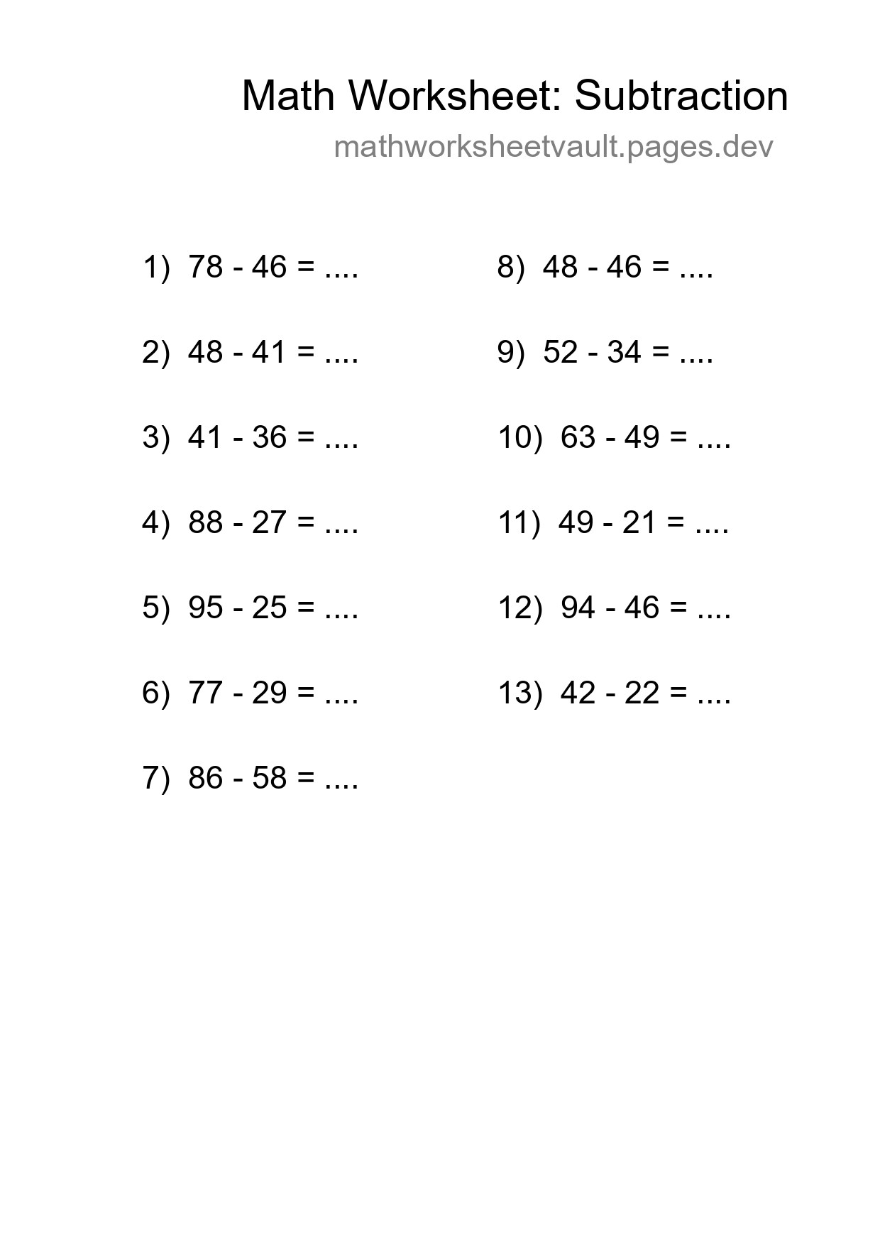 Free 13 Subtraction Math Worksheet For Grade 3 - Part 188