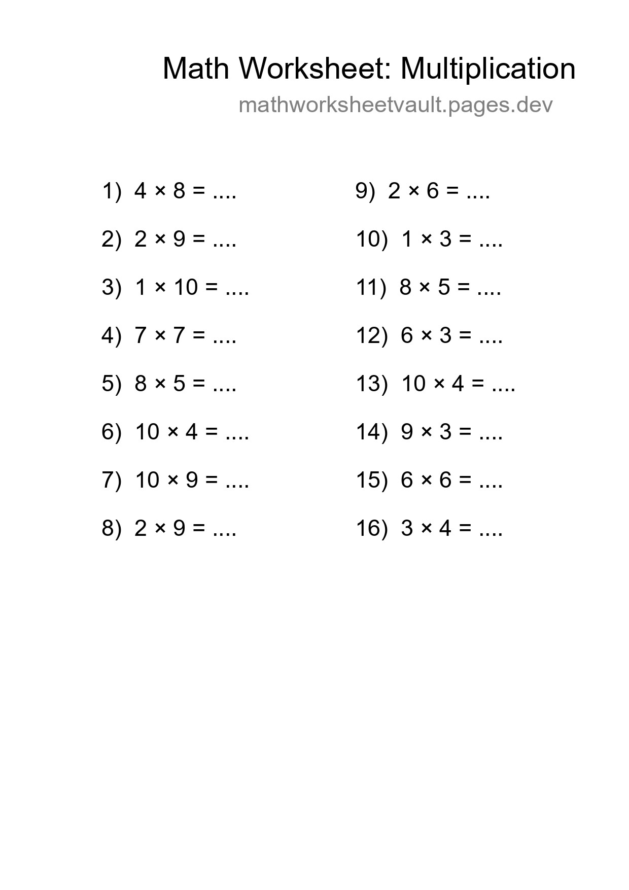 Free 16 Multiplication Math Worksheet For Grade 1 - Part 47