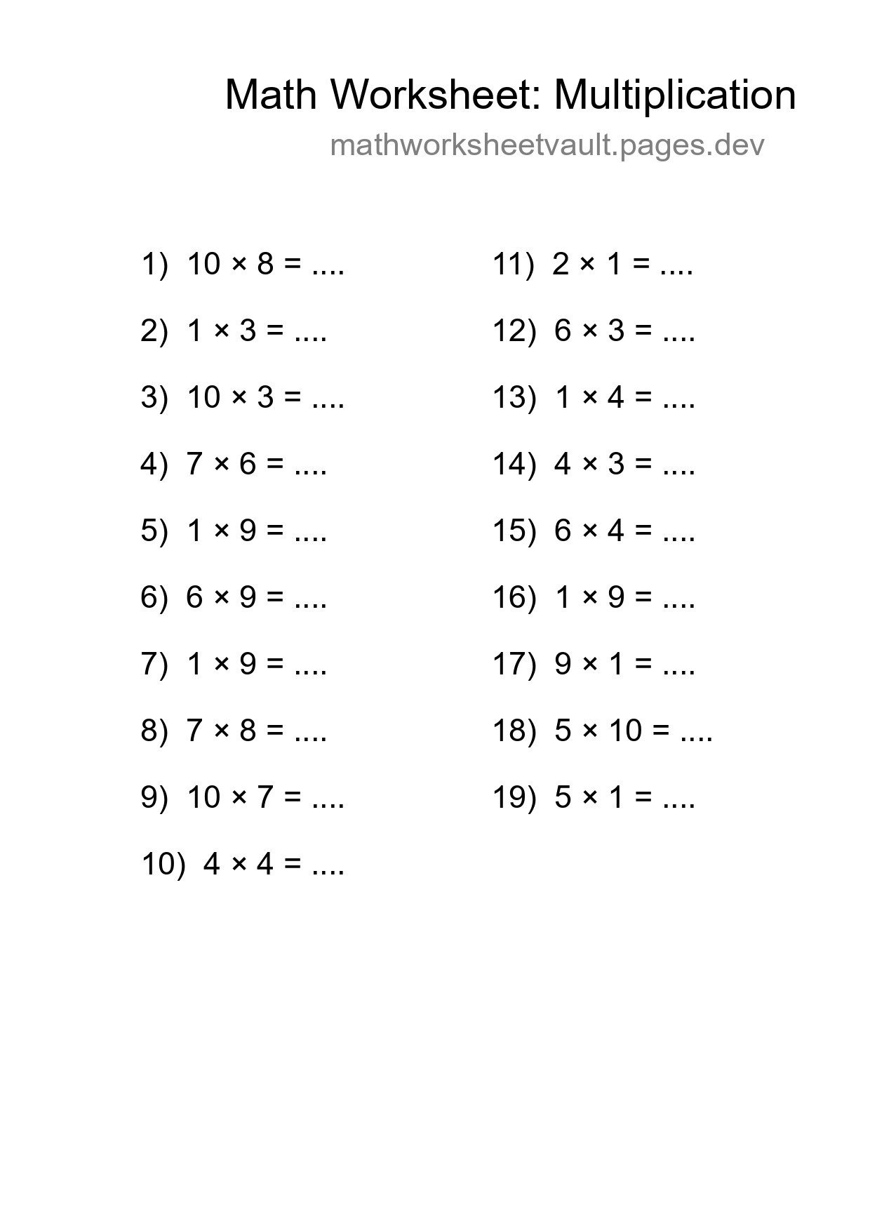 Free 19 Multiplication Math Worksheet For Grade 1 With Answers - Part 67