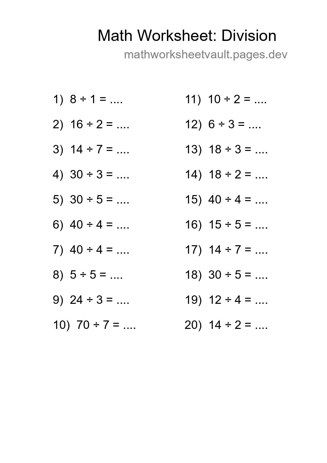 Free 20 Division Math Worksheet For Grade 1 - Part 204