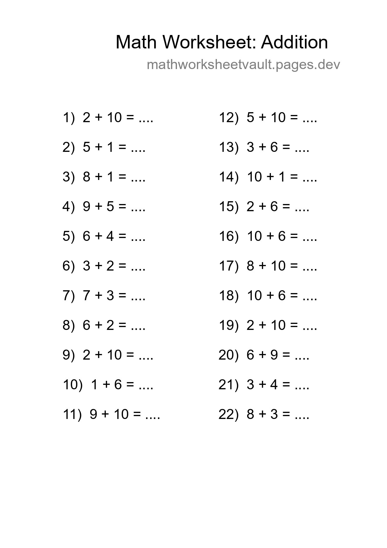 Free 22 Addition Math Worksheet For Grade 1 - Part 221