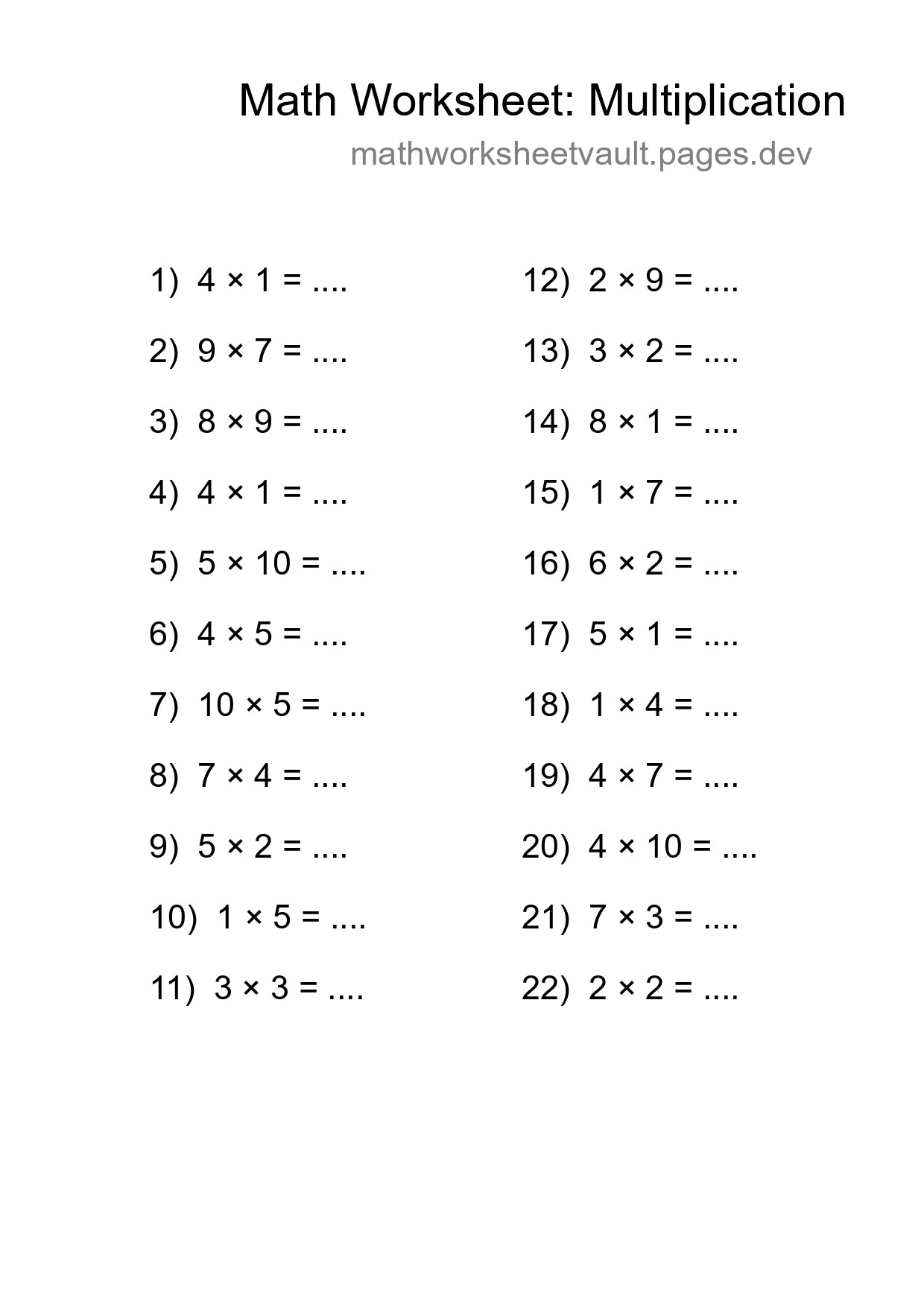 Free 22 Multiplication Math Worksheet For Grade 1 - Part 177