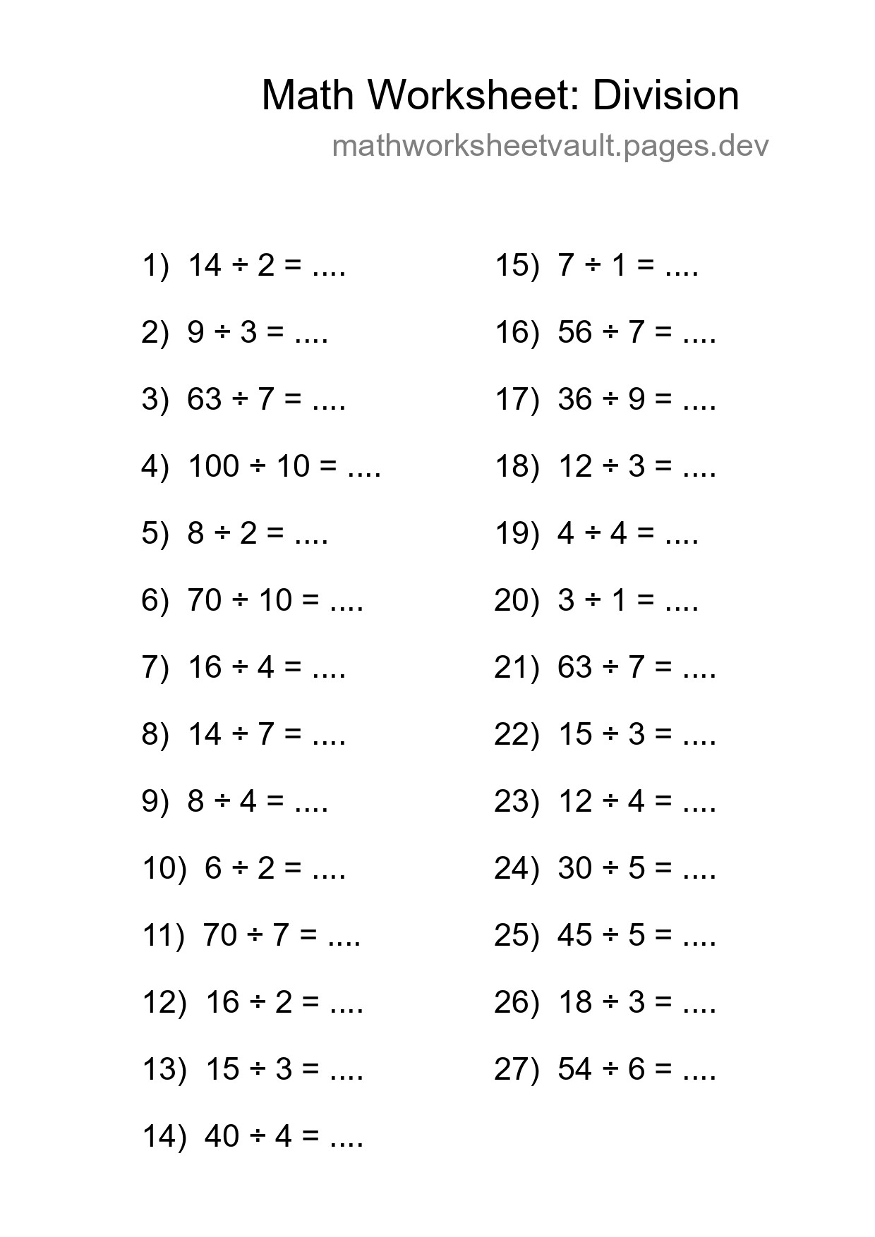 Free 27 Division Math Worksheet For Grade 1 - Part 14