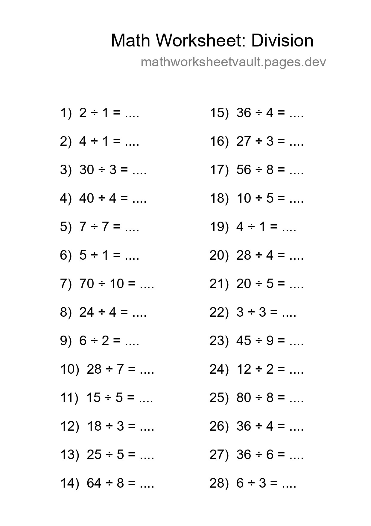Free 28 Division Math Worksheet For Grade 1 With Answers - Part 114