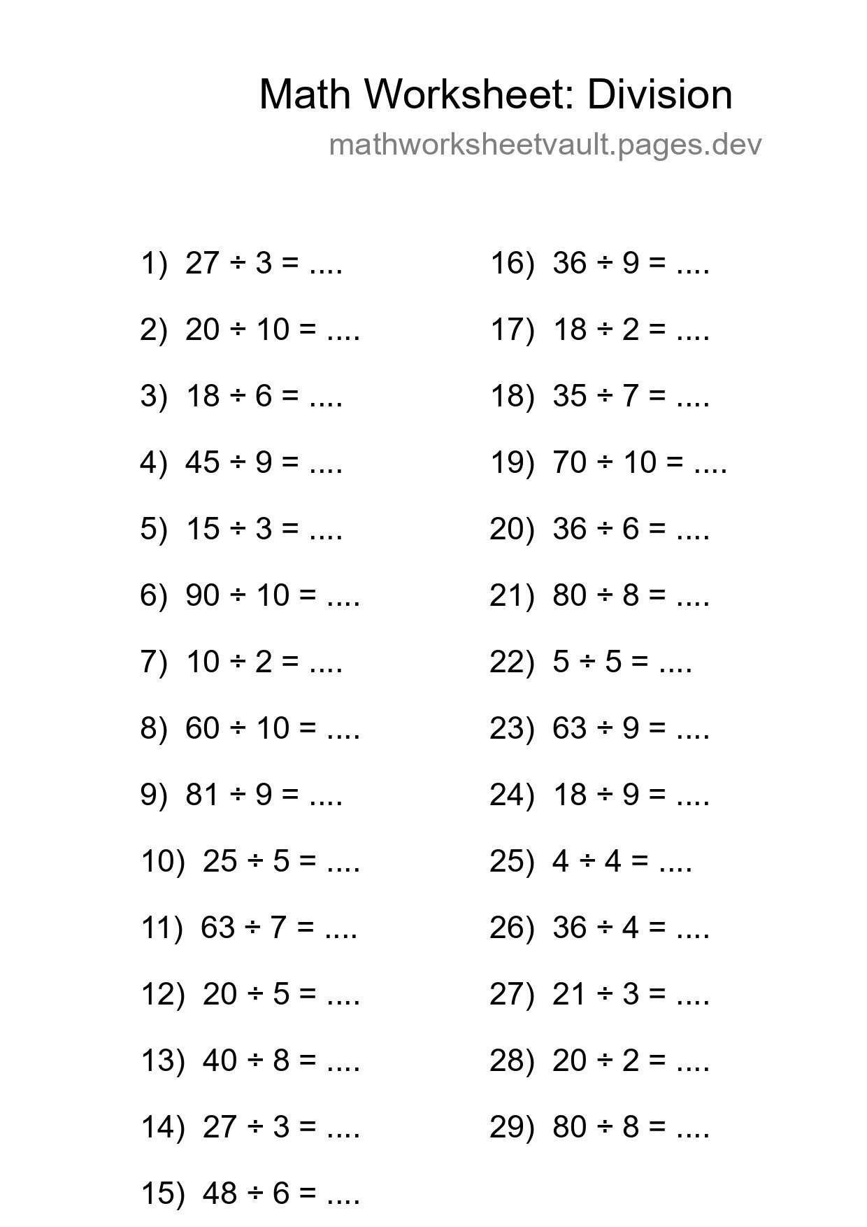 Free 29 Division Math Worksheet For Grade 1 With Answers - Part 184