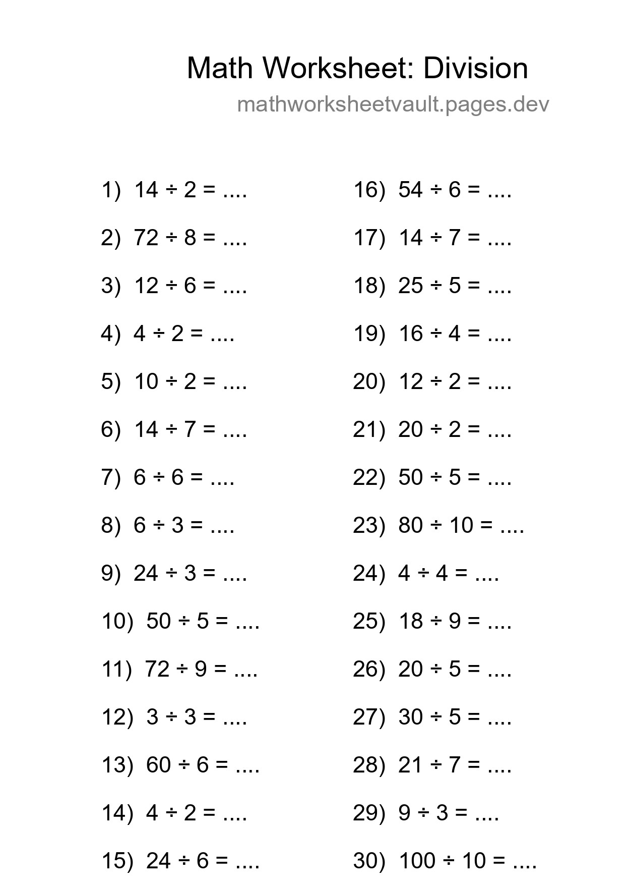 Free 30 Division Math Worksheet For Grade 1 With Answers - Part 144