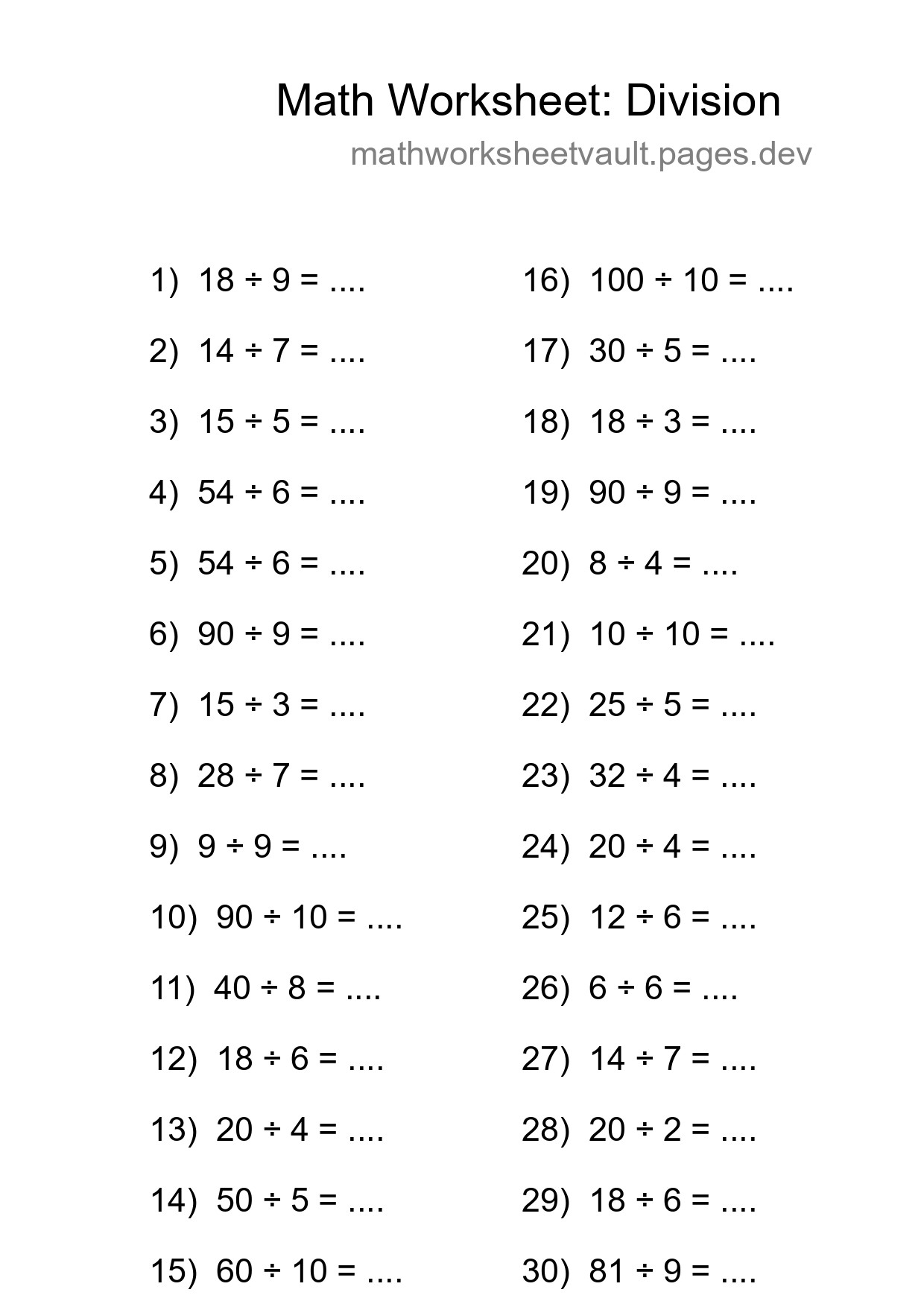 Free 30 Division Math Worksheet For Grade 1 With Answers - Part 154