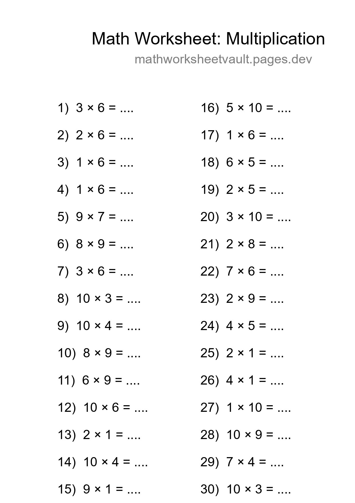 Free 30 Multiplication Math Worksheet For Grade 1 With Answers - Part 277