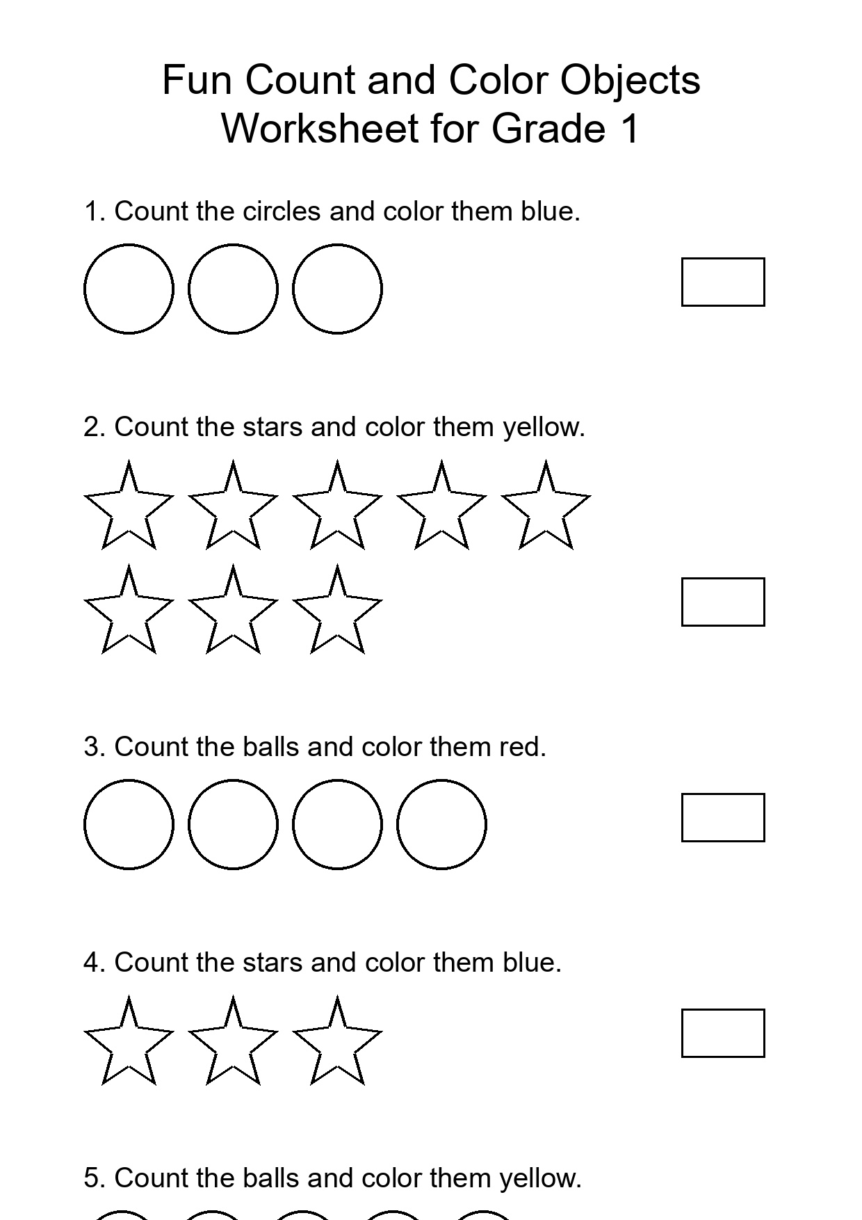 Fun Count and Color Objects Worksheet for Grade 1
