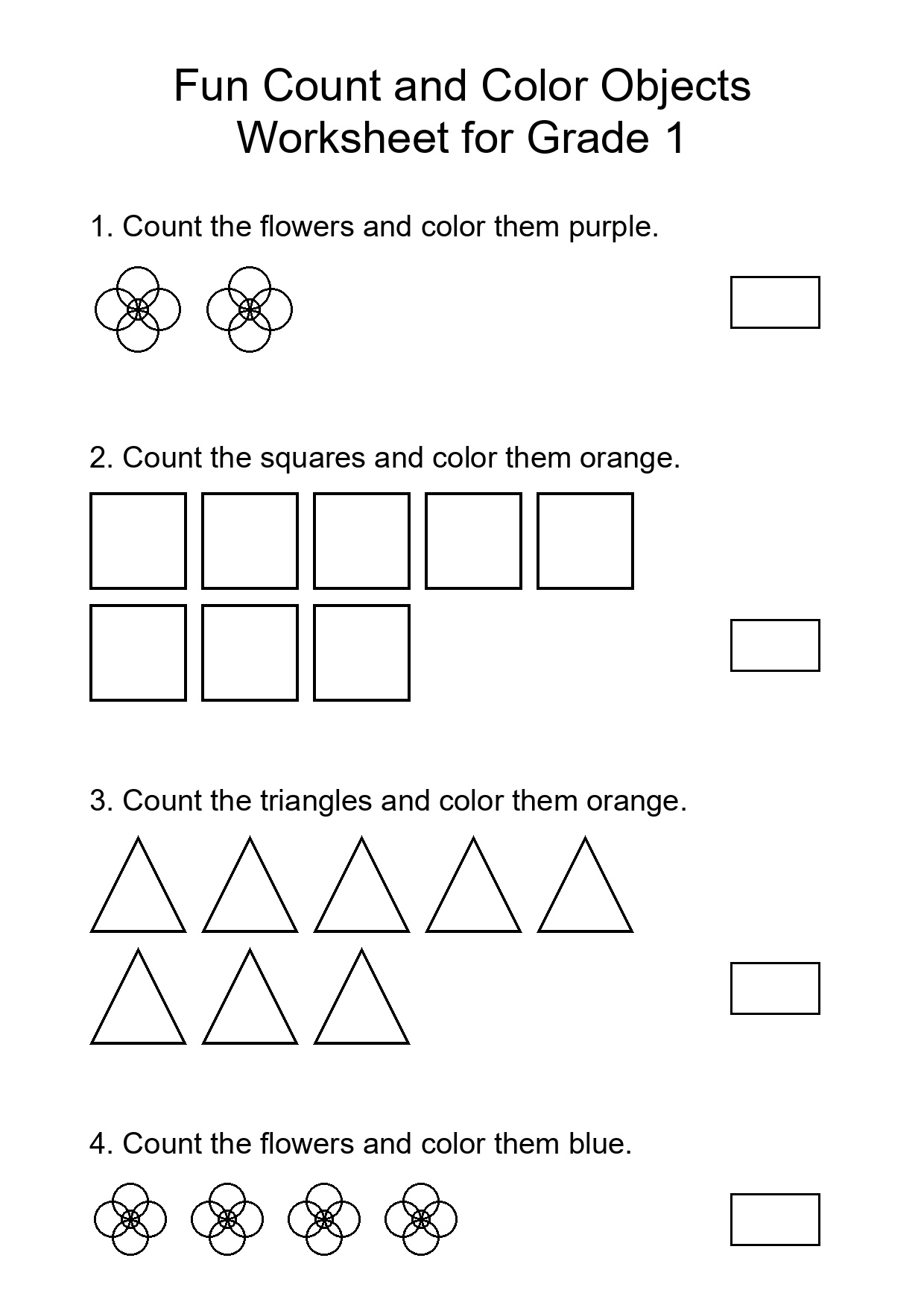 Fun Count and Color Objects Worksheet for Grade 1