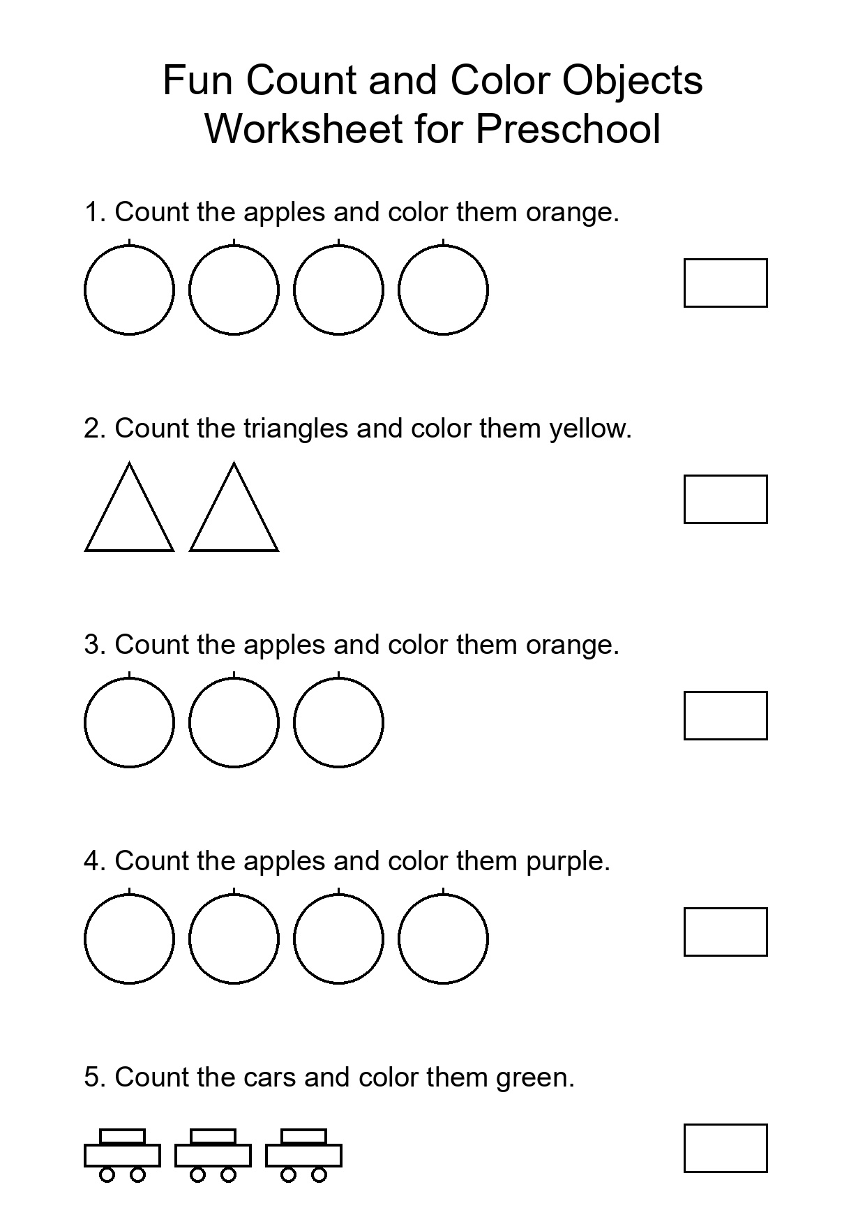 Fun Count and Color Objects Worksheet for Preschool