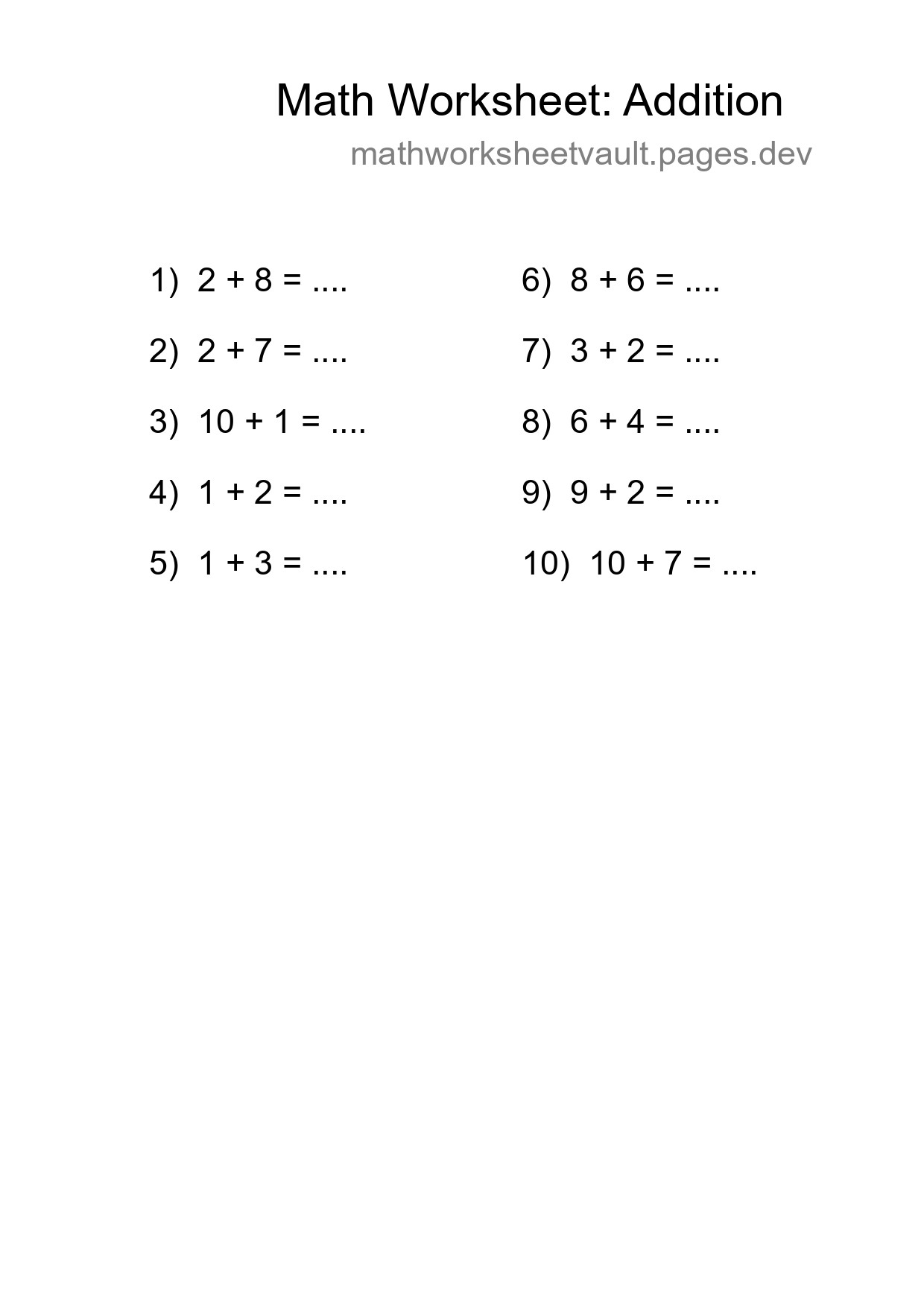 Grade 1 Addition Practice Worksheet (10 Problems) - Part 11