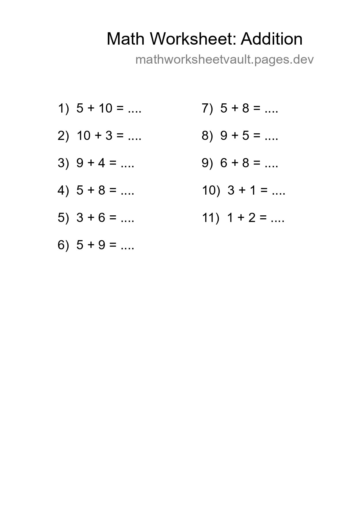 Grade 1 Addition Practice Worksheet (11 Problems) - Part 151