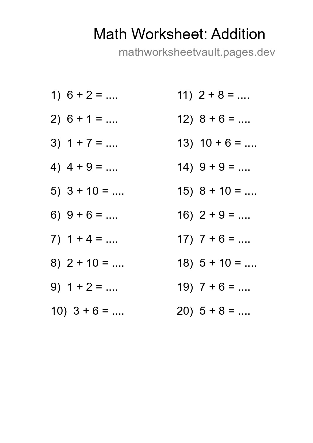 Grade 1 Addition Practice Worksheet (20 Problems) - Part 181