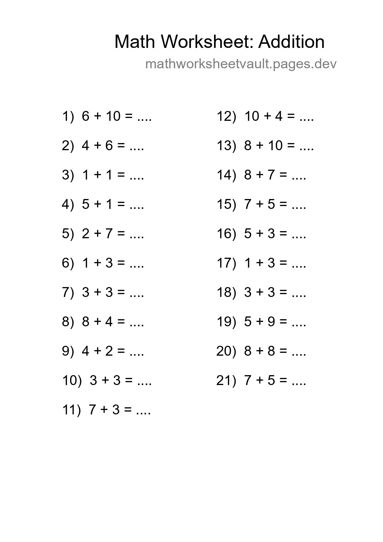 Grade 1 Addition Practice Worksheet (21 Problems) - Part 161