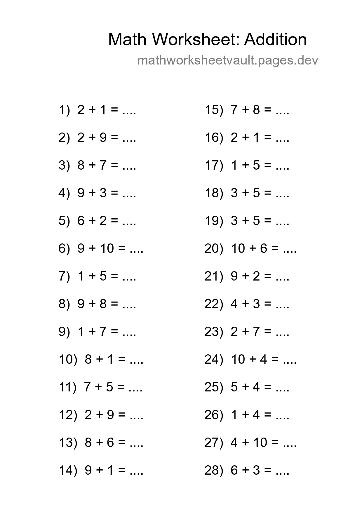 Grade 1 Addition Practice Worksheet (28 Problems) - Part 291