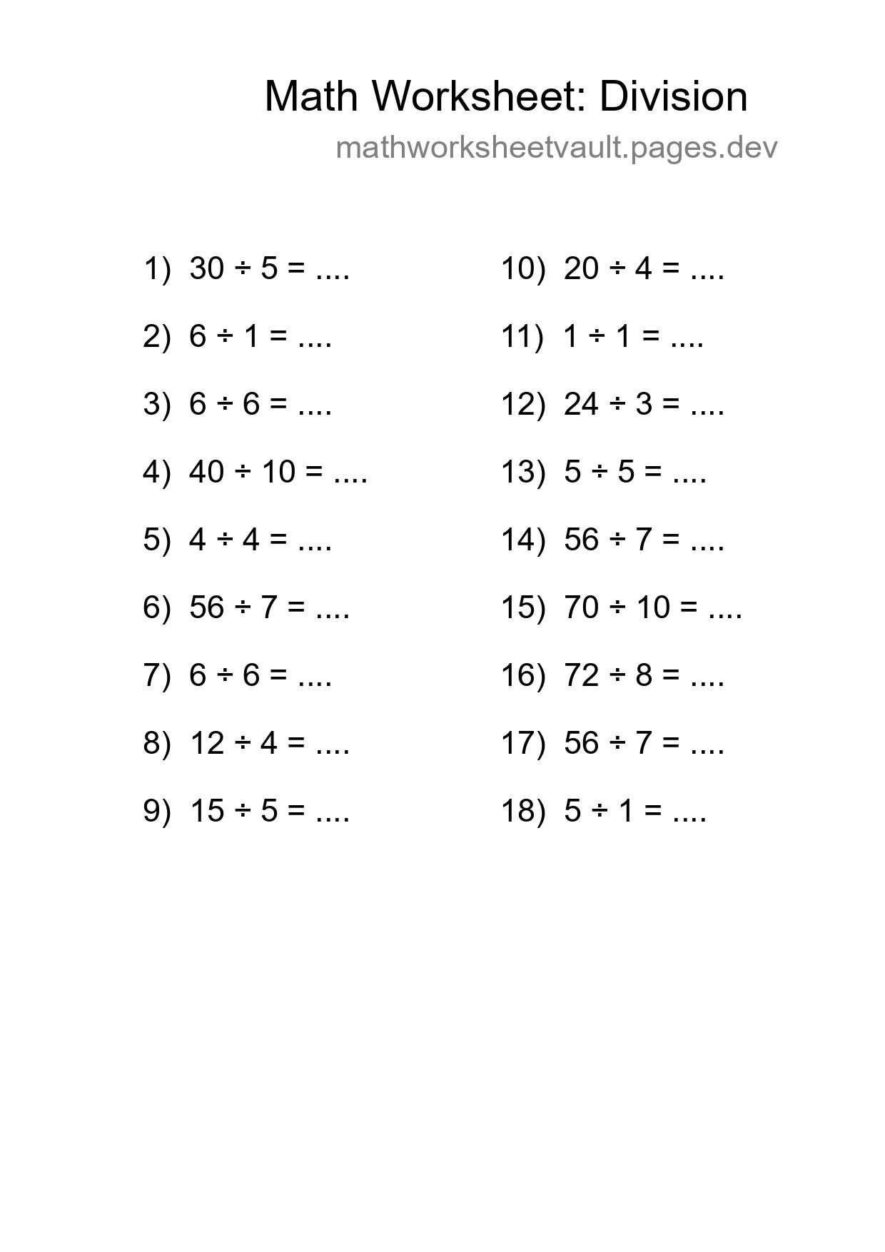 Grade 1 Division Practice Worksheet (18 Problems) - Part 194