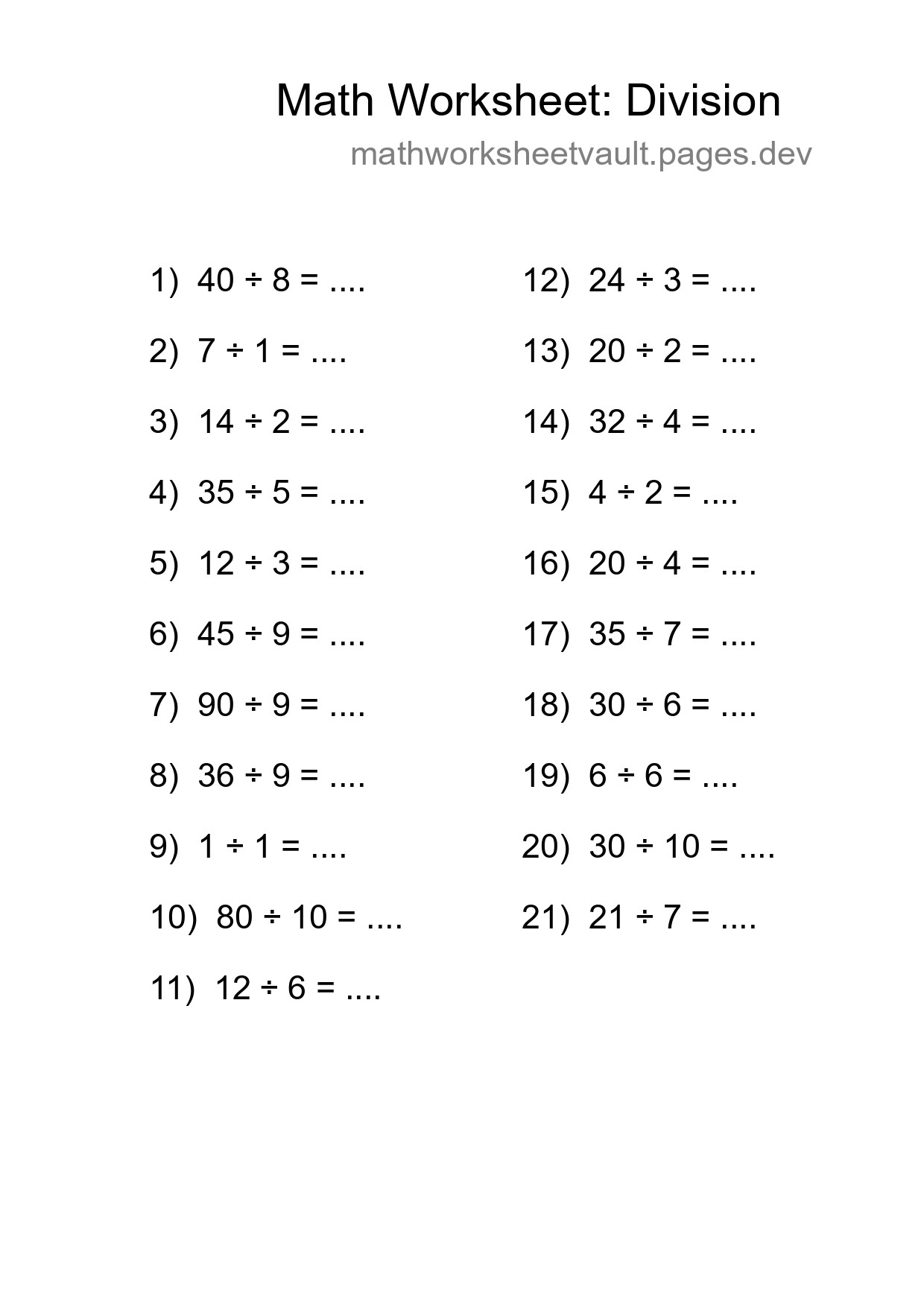 Grade 1 Division Practice Worksheet (21 Problems) - Part 64