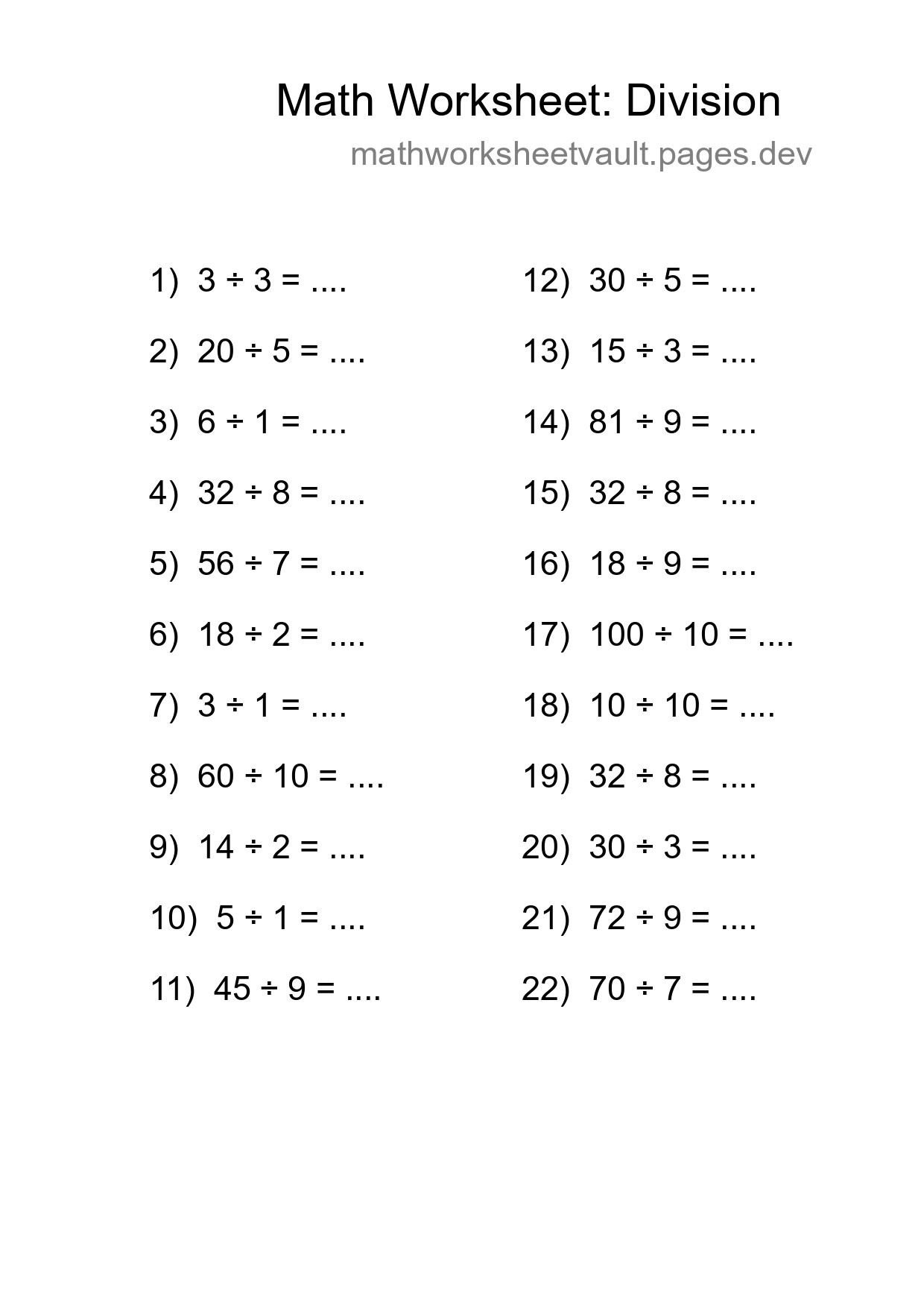 Grade 1 Division Practice Worksheet (22 Problems) - Part 214