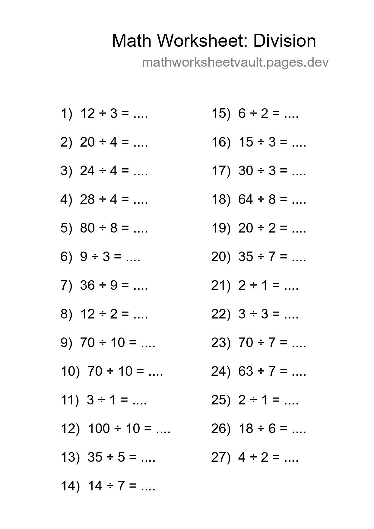 Grade 1 Division Practice Worksheet (27 Problems) - Part 224