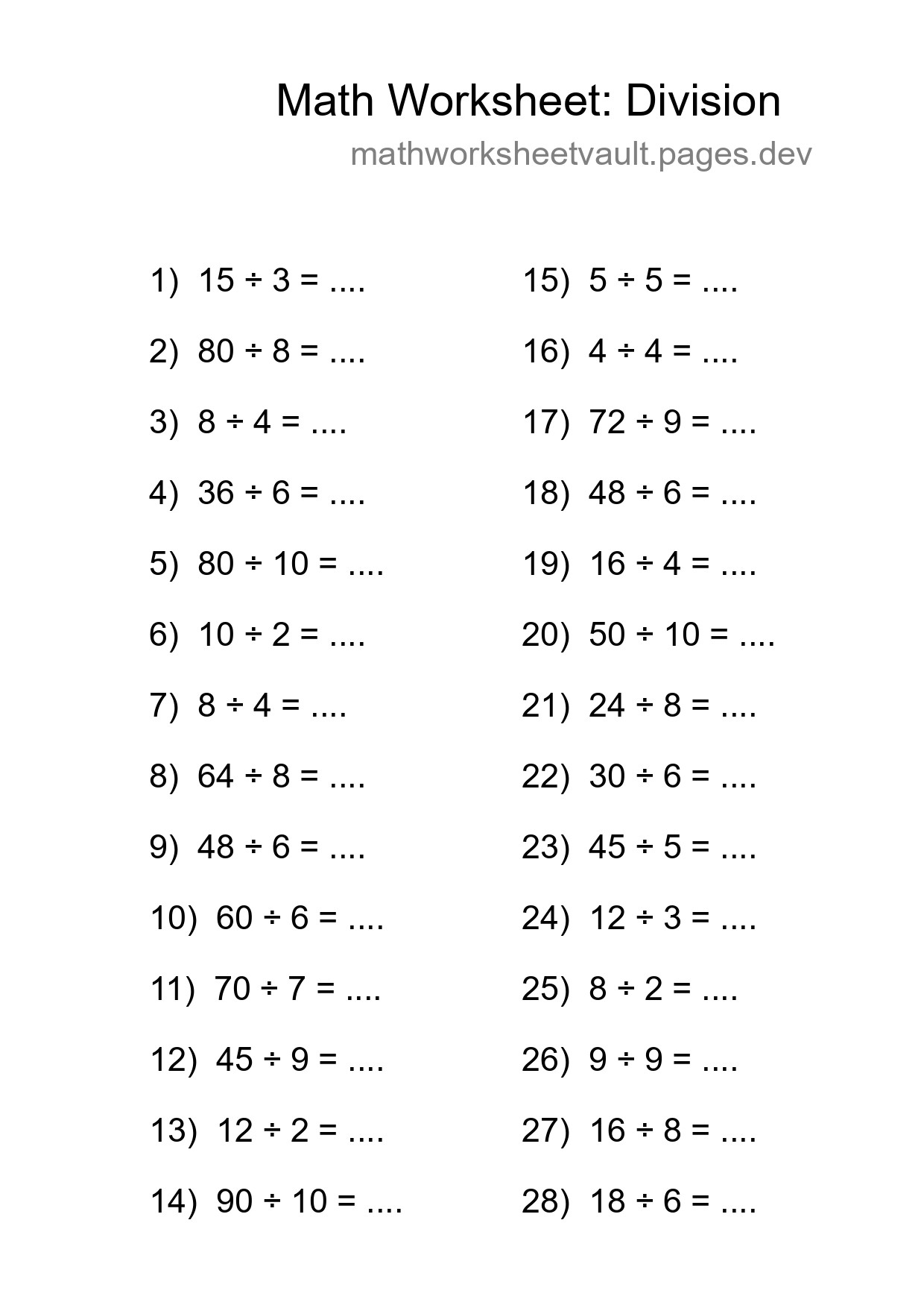 Grade 1 Division Practice Worksheet (28 Problems) - Part 34