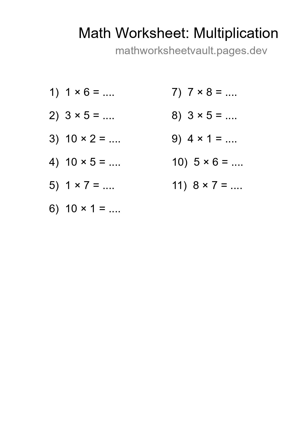 Grade 1 Multiplication Practice Worksheet (11 Problems) - Part 247