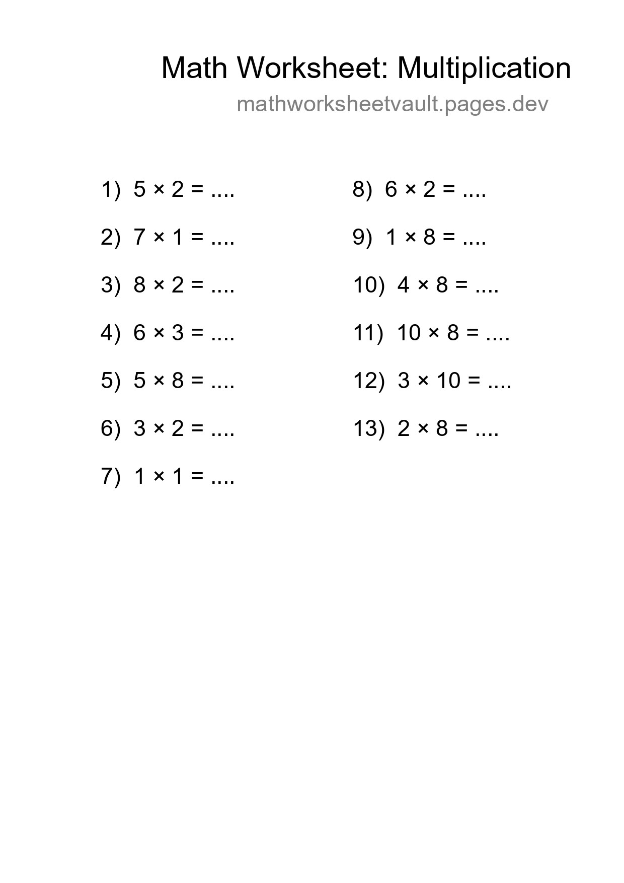 Grade 1 Multiplication Practice Worksheet (13 Problems) - Part 147