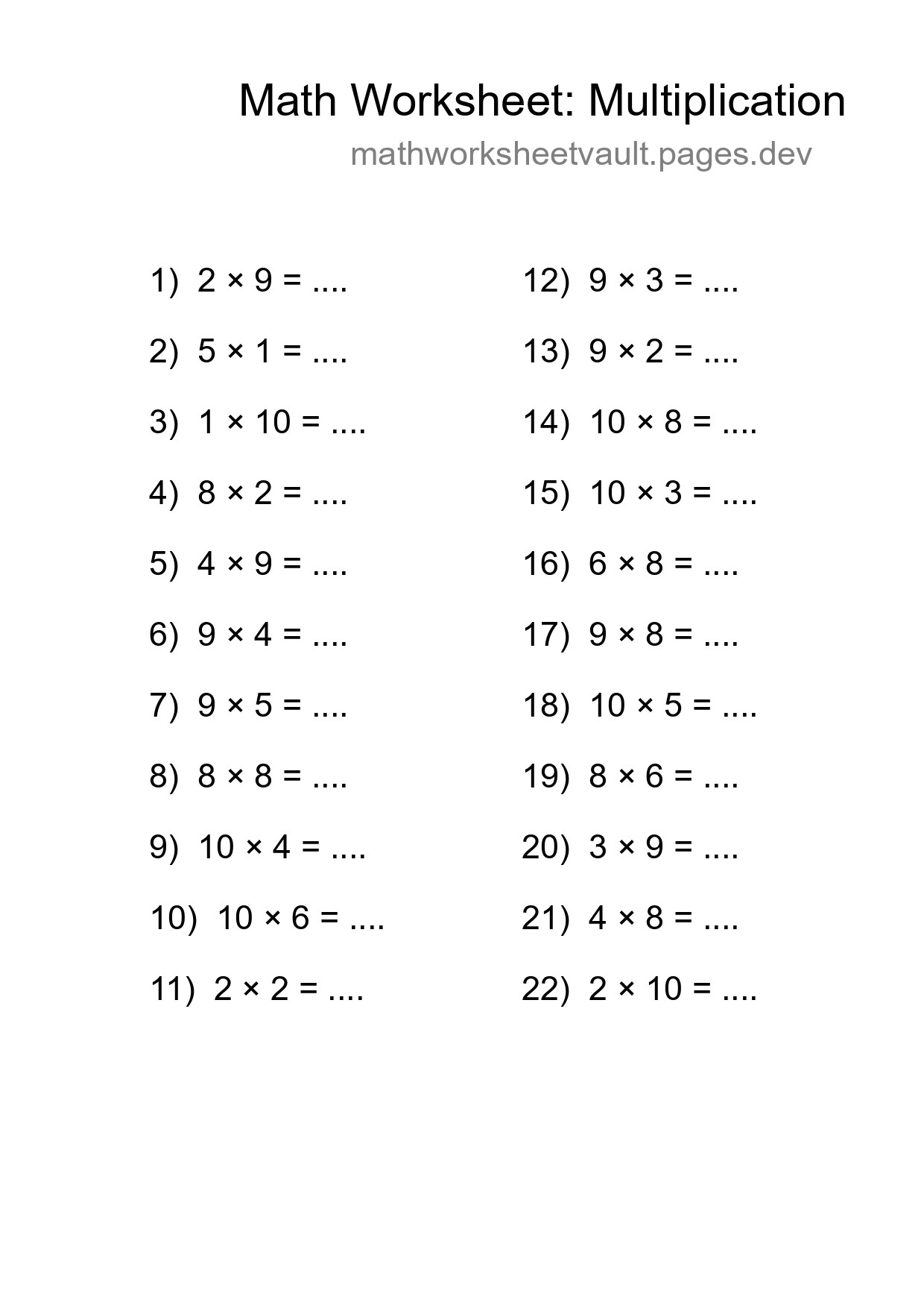 Grade 1 Multiplication Practice Worksheet (22 Problems) - Part 27