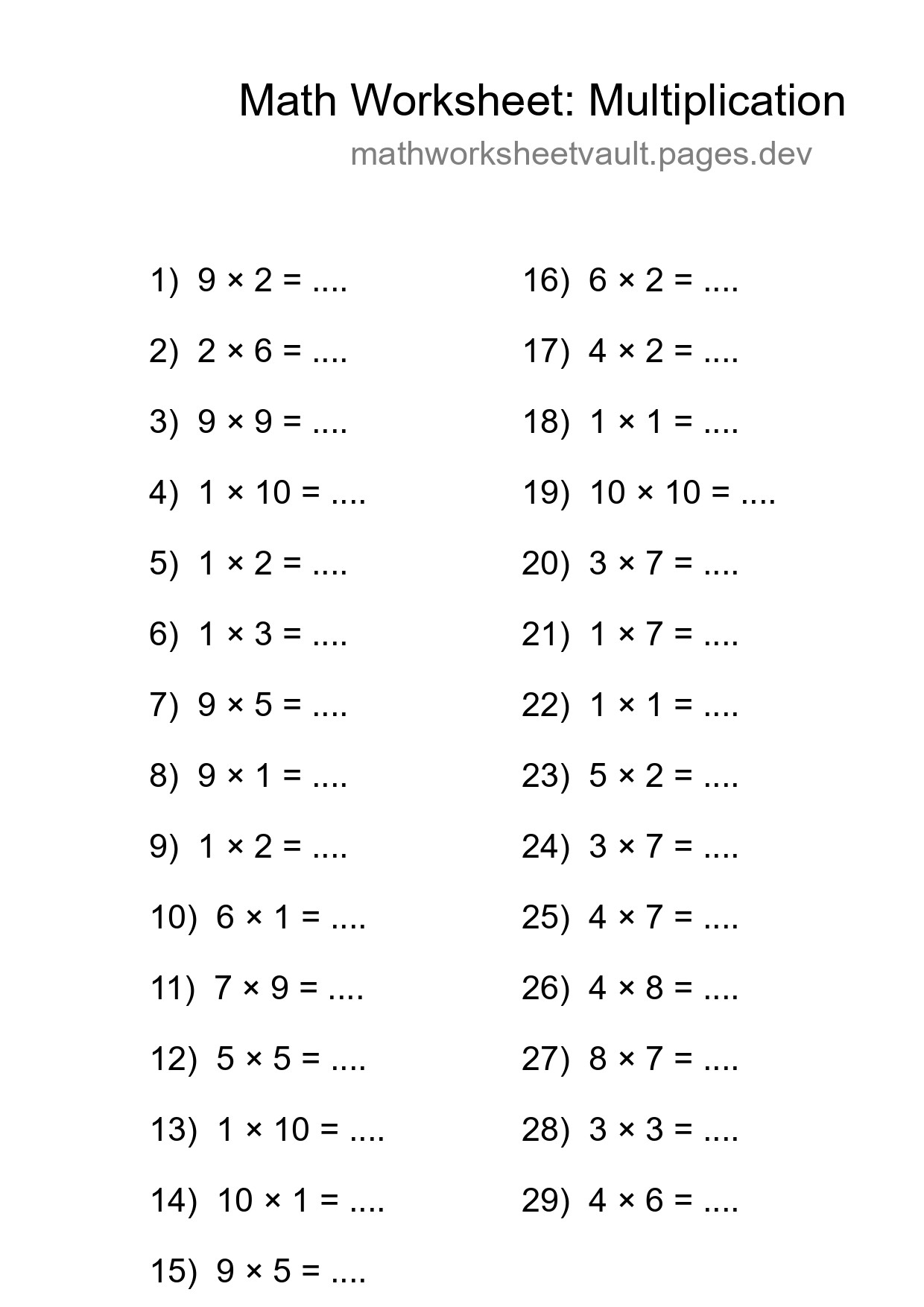 Grade 1 Multiplication Practice Worksheet (29 Problems) - Part 97