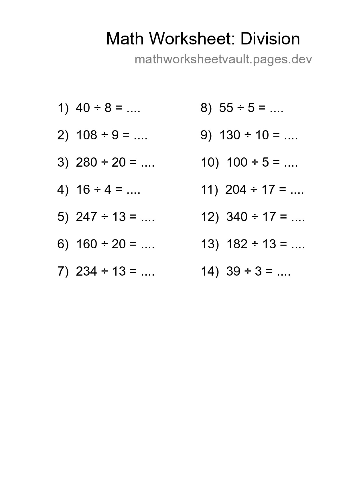 Grade 2 Division Practice Worksheet (14 Problems) - Part 104