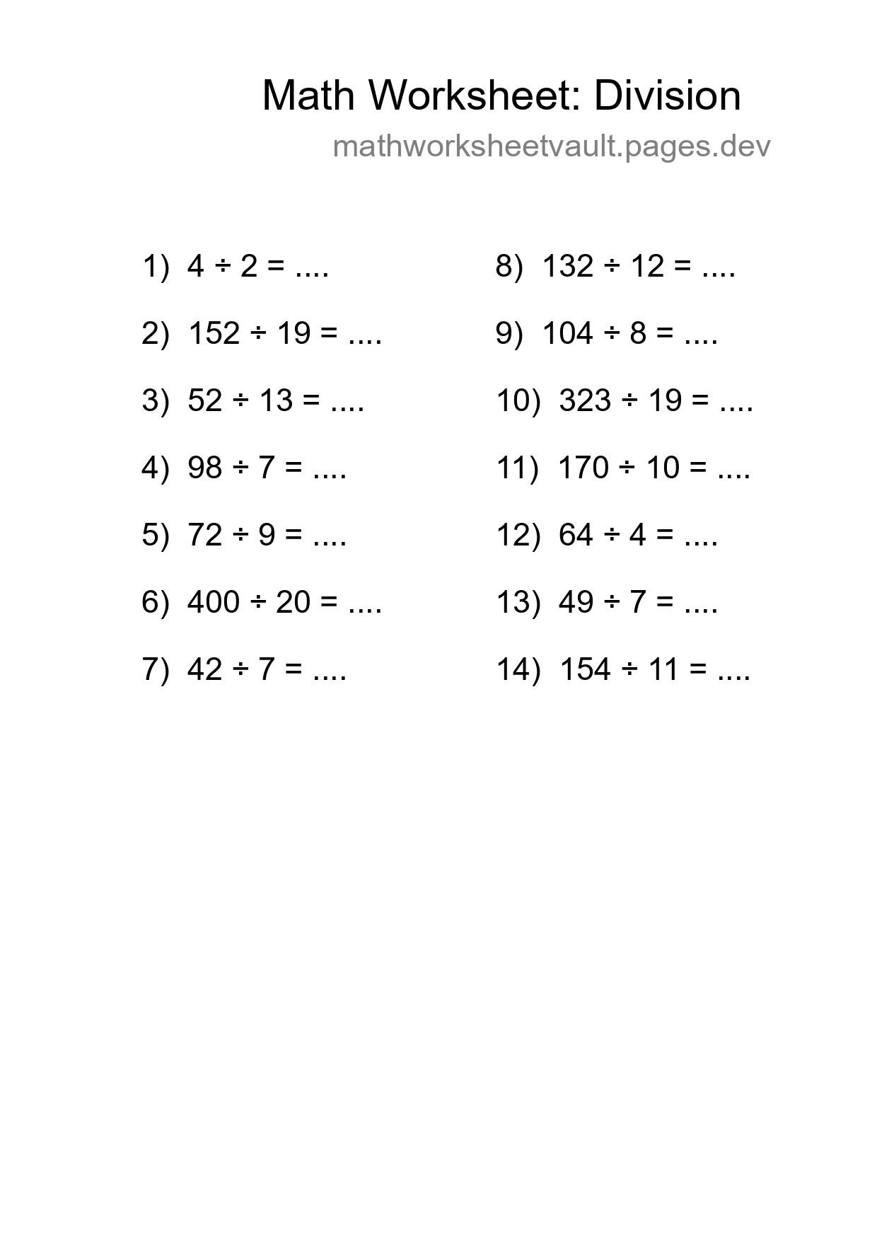 Grade 2 Division Practice Worksheet (14 Problems) - Part 234