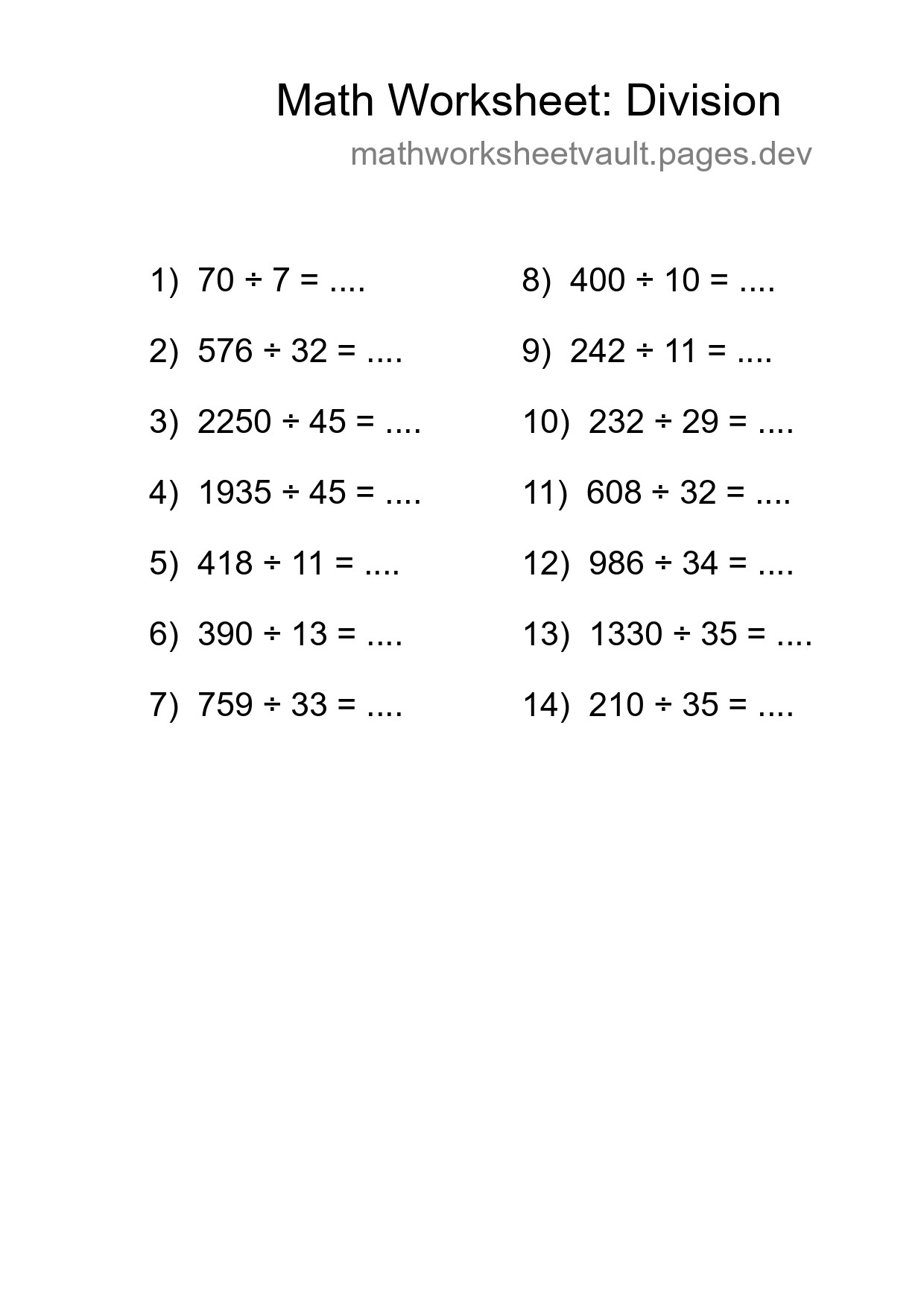 Grade 2 Division Practice Worksheet (14 Problems) - Part 24