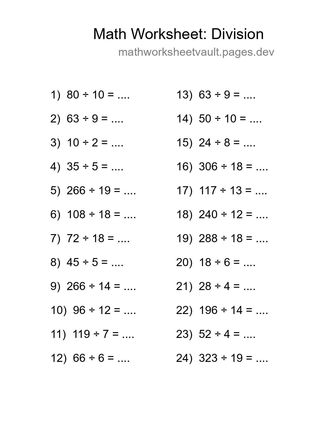 Grade 2 Division Practice Worksheet (24 Problems) - Part 74