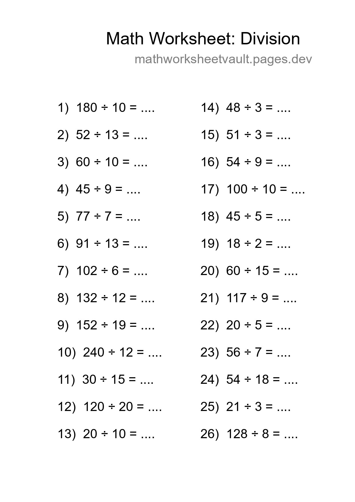 Grade 2 Division Practice Worksheet (26 Problems) - Part 124