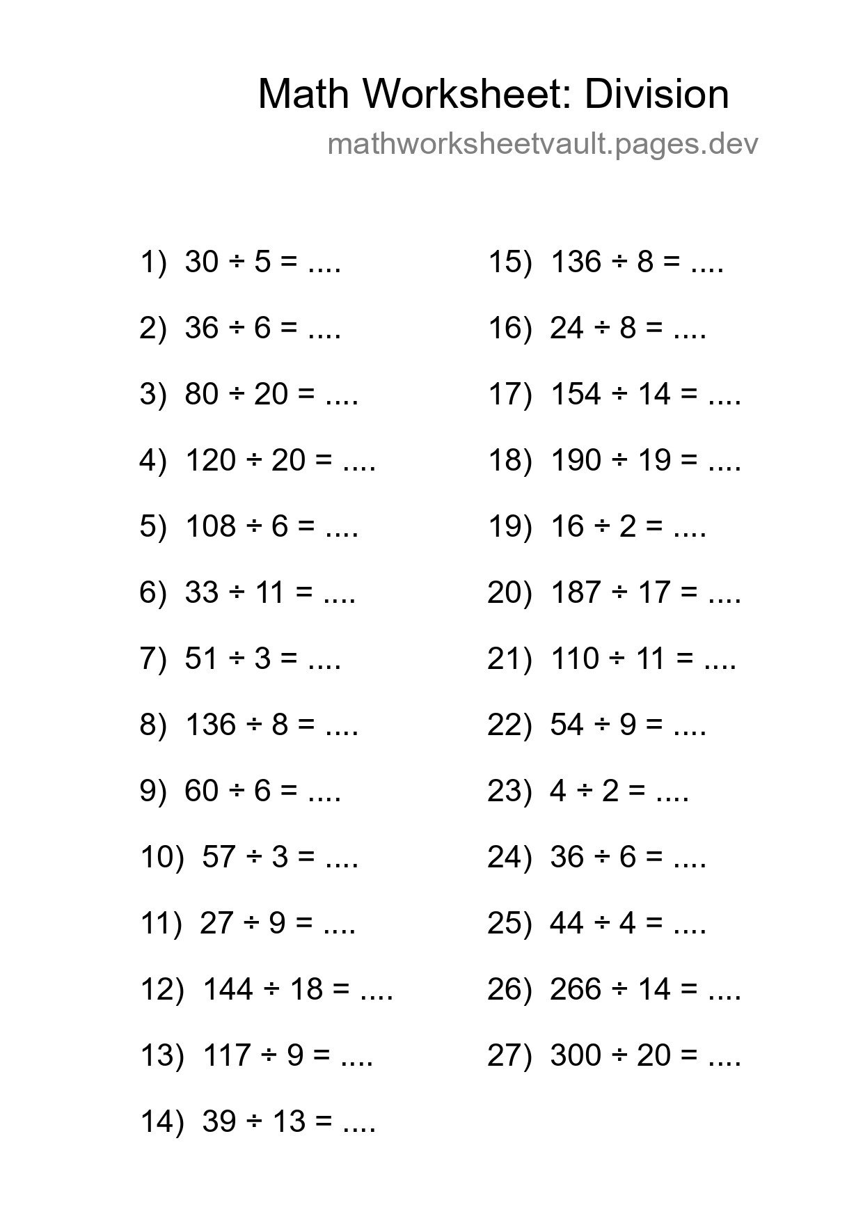 Grade 2 Division Practice Worksheet (27 Problems) - Part 244