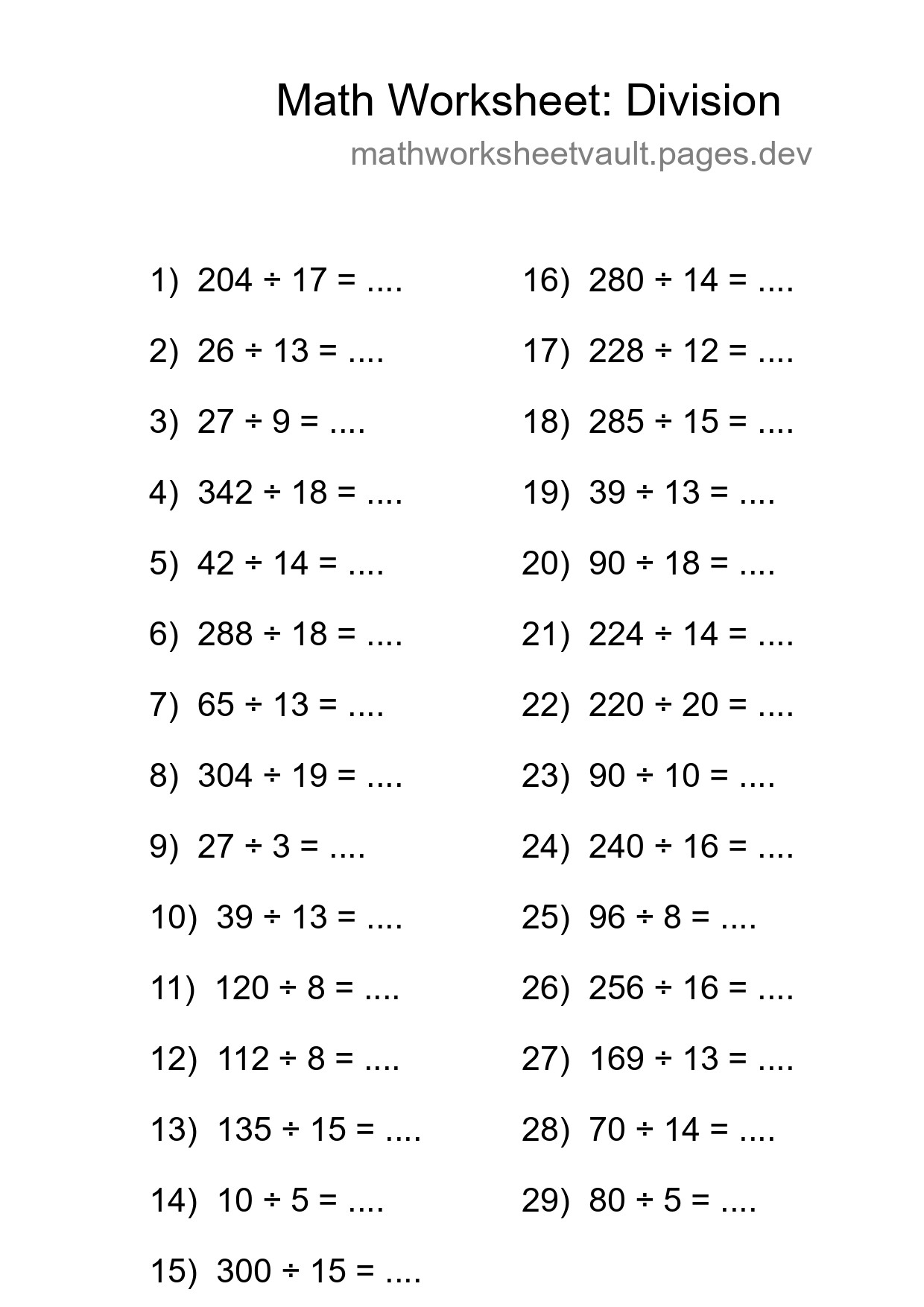 Grade 2 Division Practice Worksheet (29 Problems) - Part 94