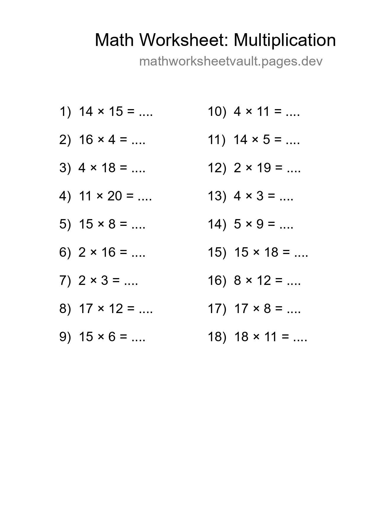 Grade 2 Multiplication Practice Worksheet (18 Problems) - Part 297