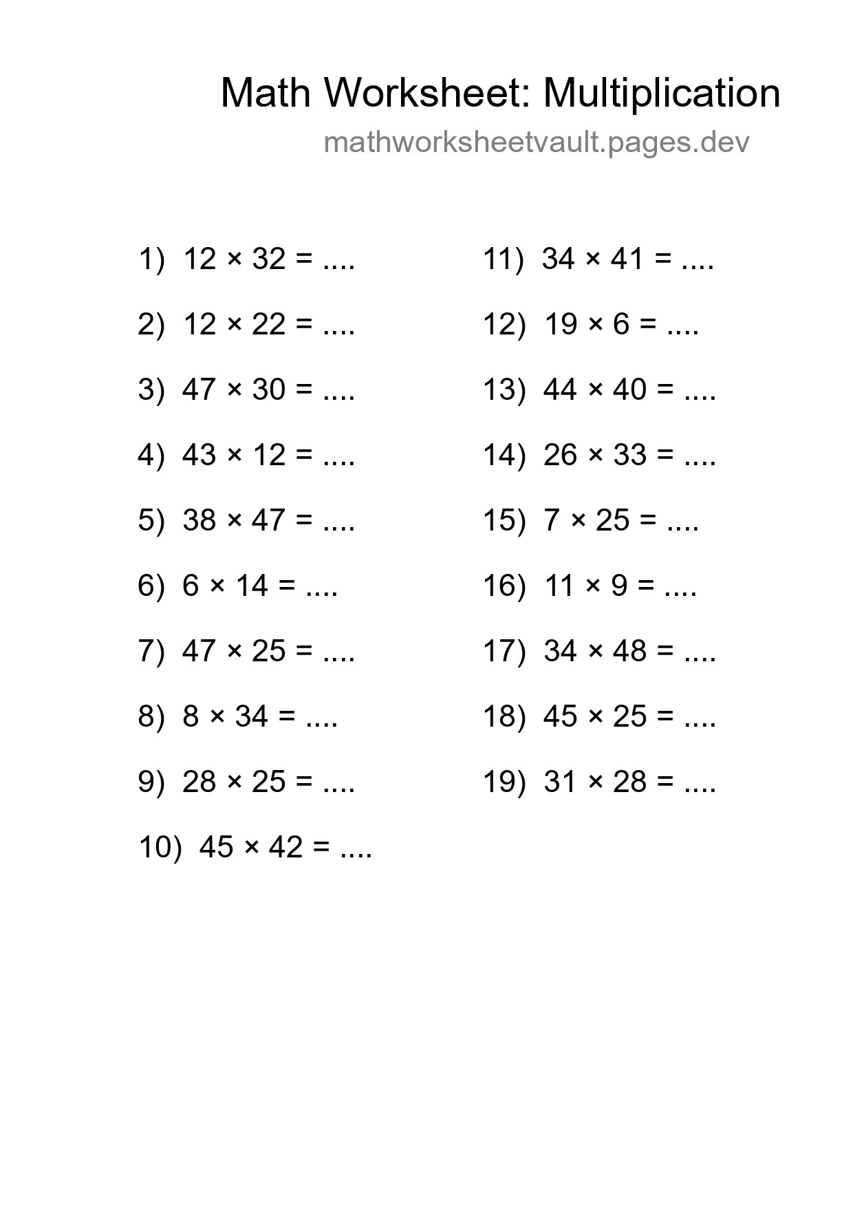 Grade 2 Multiplication Practice Worksheet (19 Problems) - Part 187